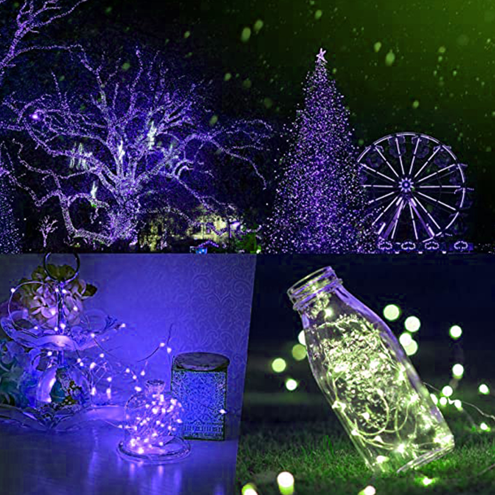 Nachtszenen mit lila Lichtern an Bäumen, einem Riesenrad und einem Weihnachtsbaum. Außerdem ein Glas mit grünen Lichtern und anderen Dekorationen.