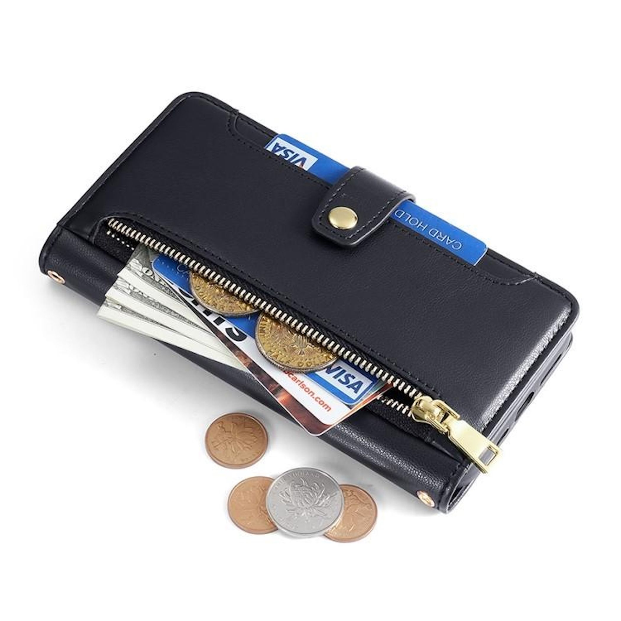 Eine schwarze Brieftasche mit Reißverschluss, in der Geld, Karten und Münzen aufbewahrt werden. Eine VISA-Karte ist sichtbar, der Hintergrund ist weiß.