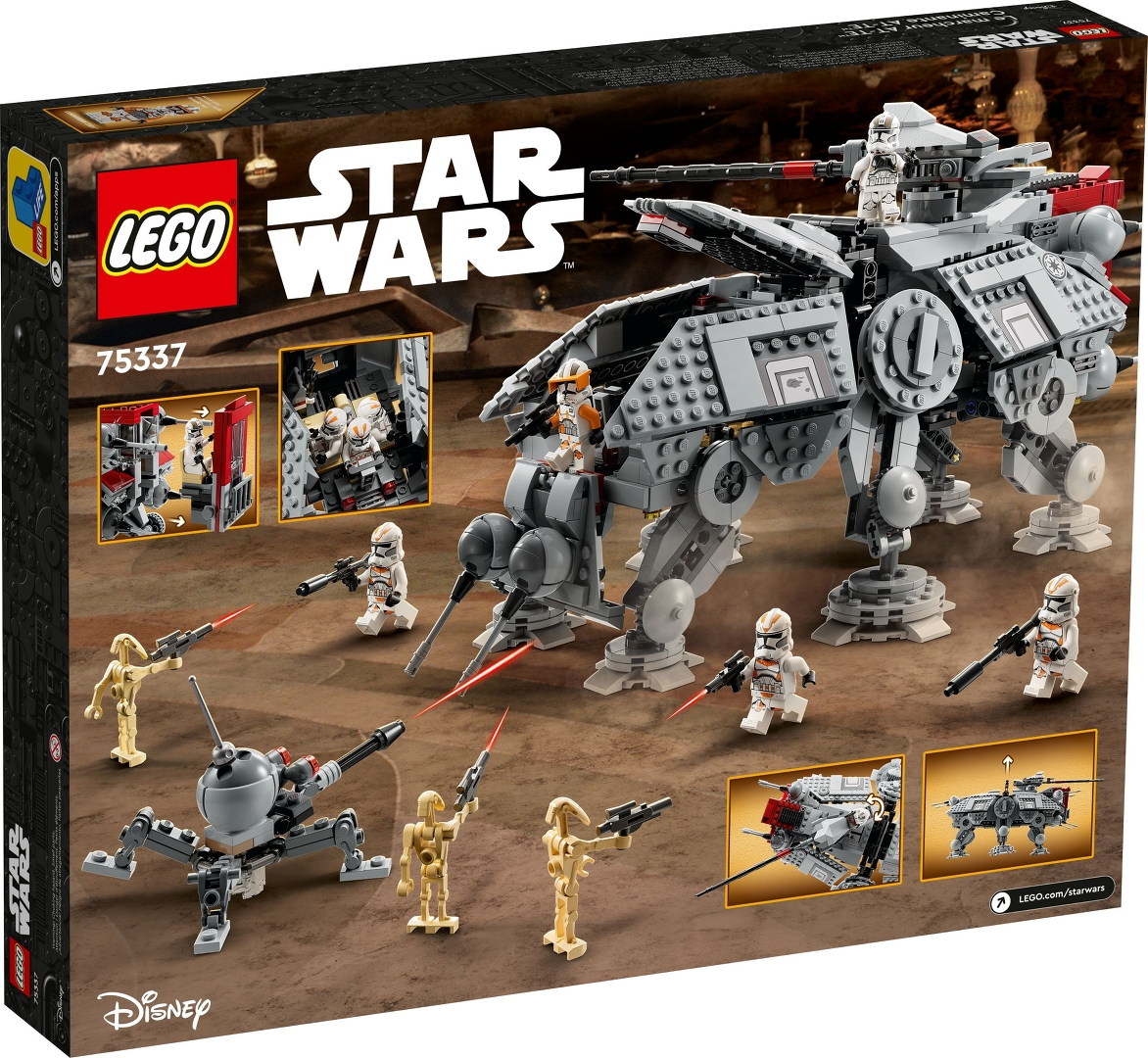 Lego Star Wars Set-Box. Enthält einen großen grauen AT-TE Walker mit Minifiguren und Kampfdroiden. Enthält kleinere Bauten und Action.