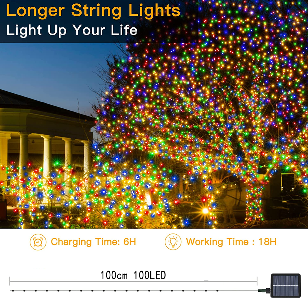 Ein Baum mit bunten Lichterketten. Im Hintergrund ist ein Haus. Text: Longer String Lights Light Up Your Life.