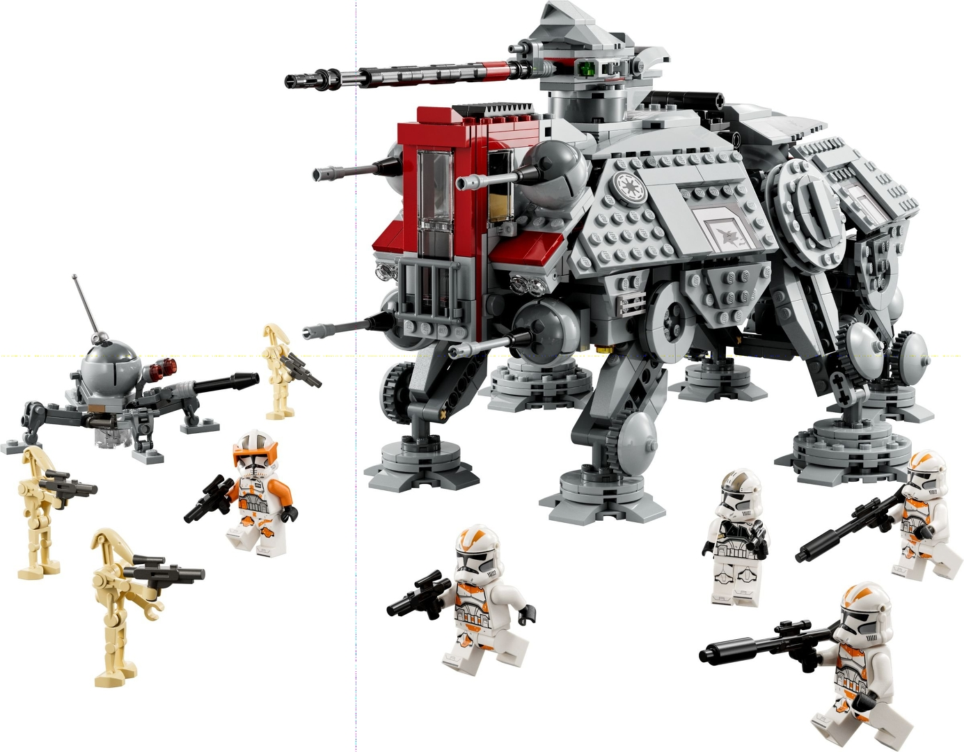 Lego Star Wars Set. Enthält AT-TE Walker, Droidenpanzer, Klonkrieger und Kampfdroiden. Grau, rot, weiß und beige. Einige Figuren halten Waffen.
