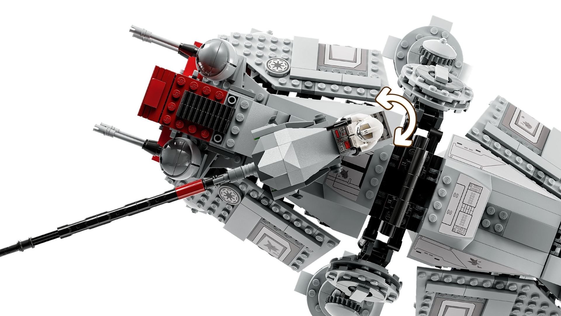 Ein LEGO Star Wars Modell, hauptsächlich grau mit roten Akzenten. Enthält eine Minifigur und detaillierte mechanische Teile.