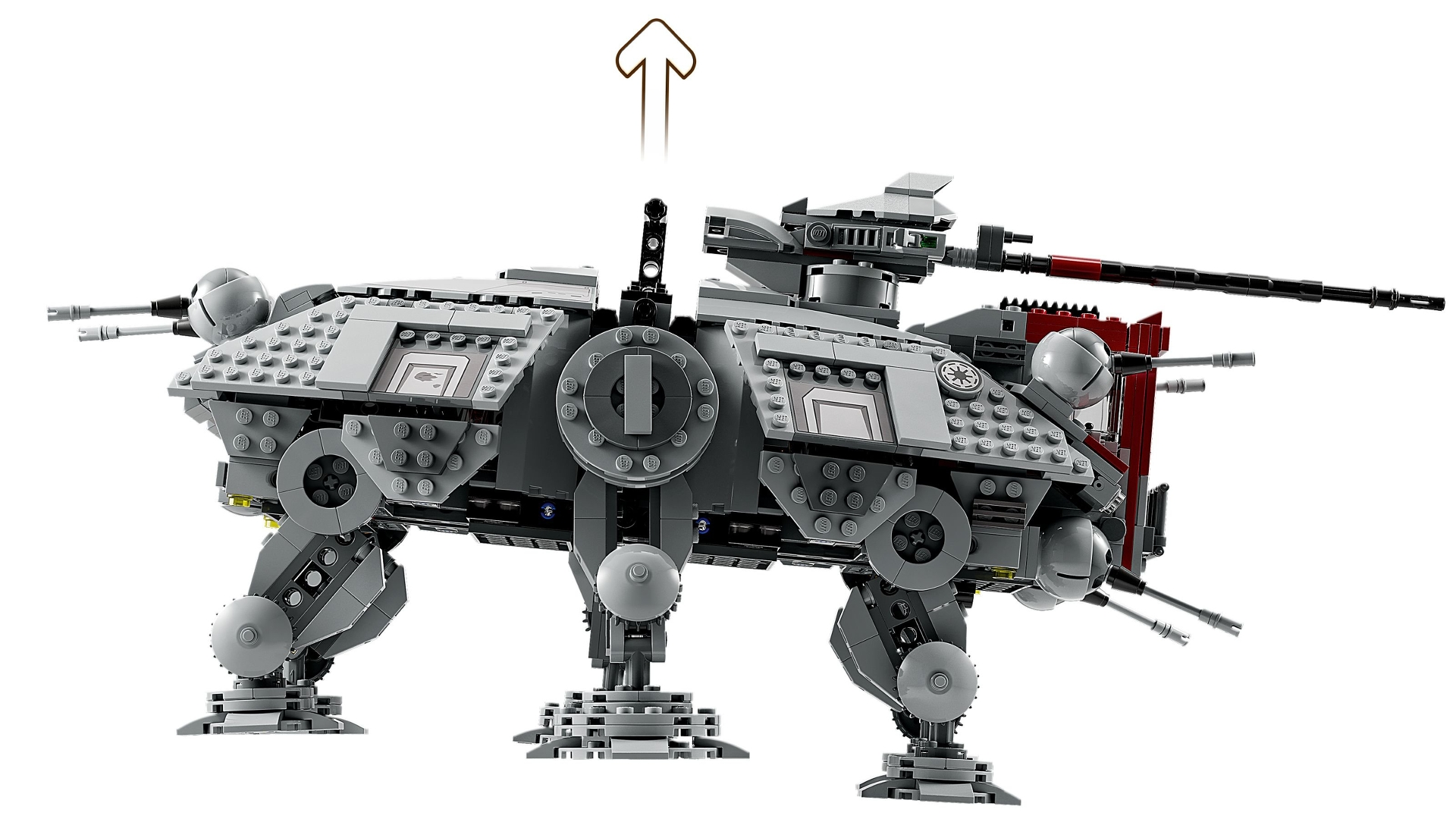 Ein grauer Lego AT-TE-Walker mit mehreren Kanonen und einer langen Waffe. Es hat sechs Beine und verschiedene Details.