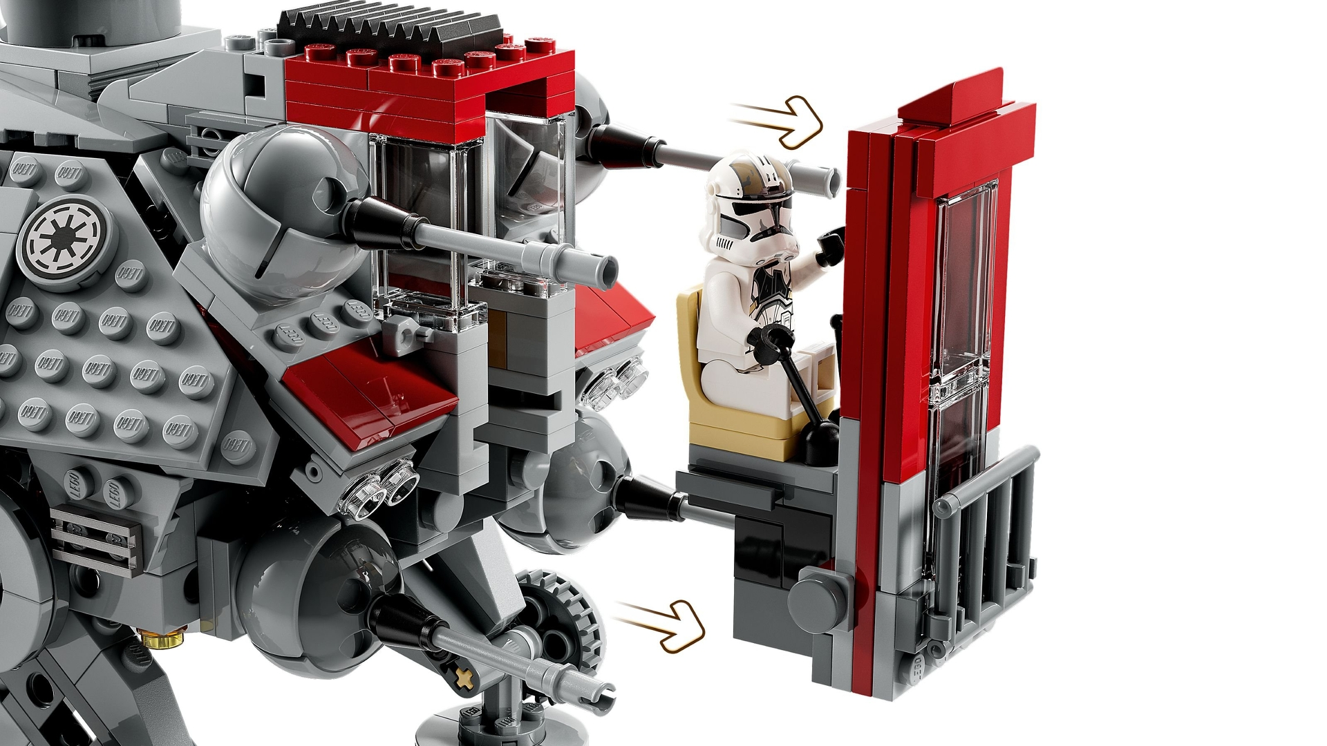 Ein Lego Star Wars AT-TE Walker mit einer Stormtrooper-Minifigur im Inneren. Der Walker ist grau und rot.