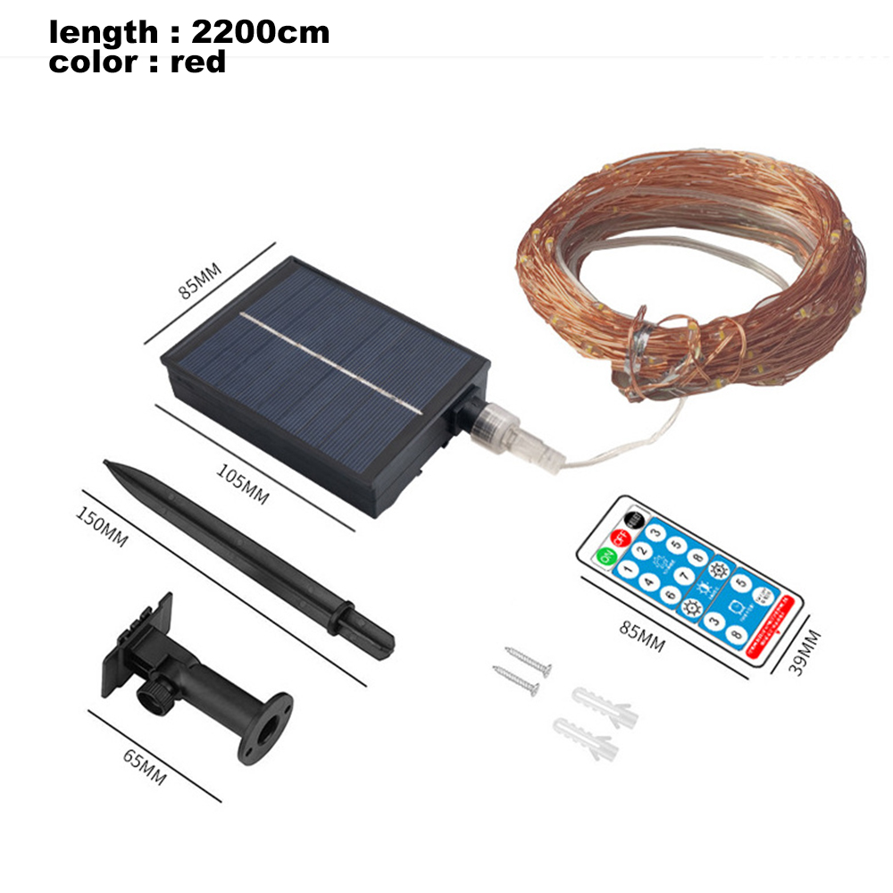 Solar-Lichtset mit Solarpanel, Lichtern, Fernbedienung und Zubehör. Abmessungen sind auf dem Bild angegeben.
