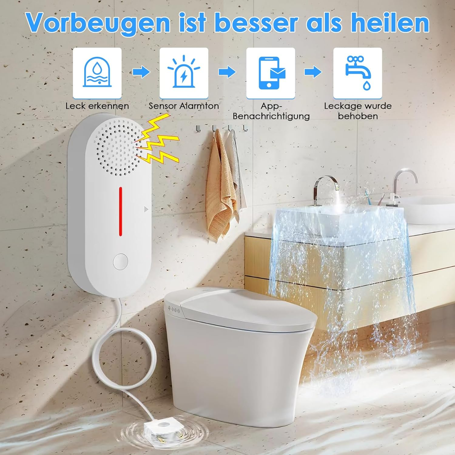 Ein weißer Wasserleckdetektor und eine Toilette sind in einem Badezimmer abgebildet, wobei Wasser aus dem Waschbecken fließt. Der Text erklärt den Vorgang.