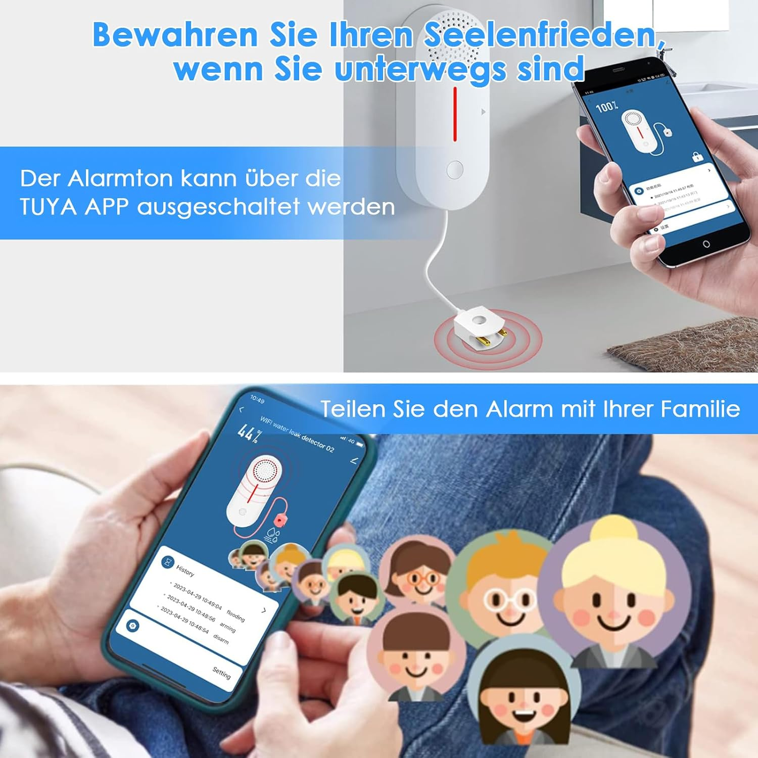 Eine Person hält ein Telefon mit einer App. Ein weißes Gerät mit roter Linie ist mit Telefon und Sensor verbunden.