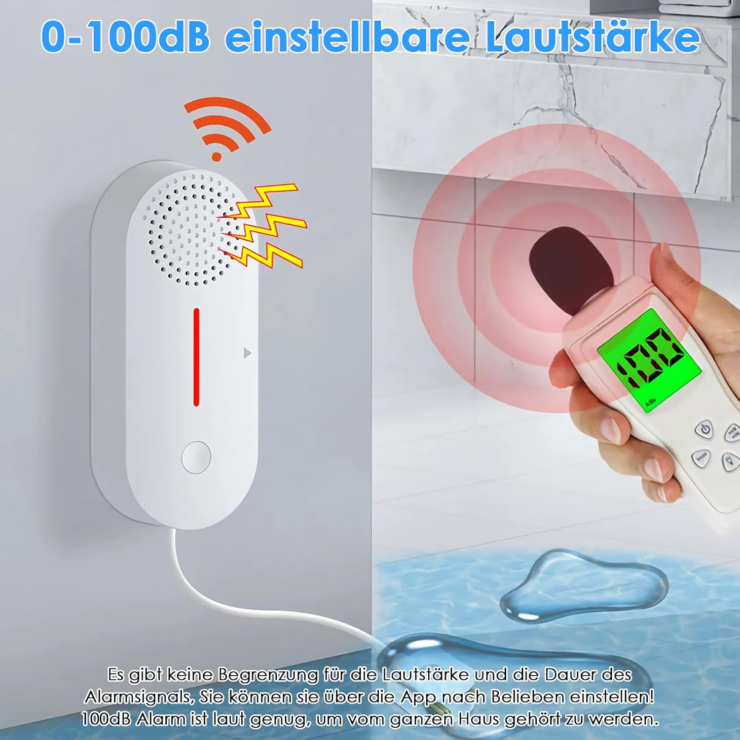 Gerät misst Schalldruckpegel bei 100 dB. Ein weißes Gerät mit roter Linie und Lautsprecher wird ebenfalls gezeigt.