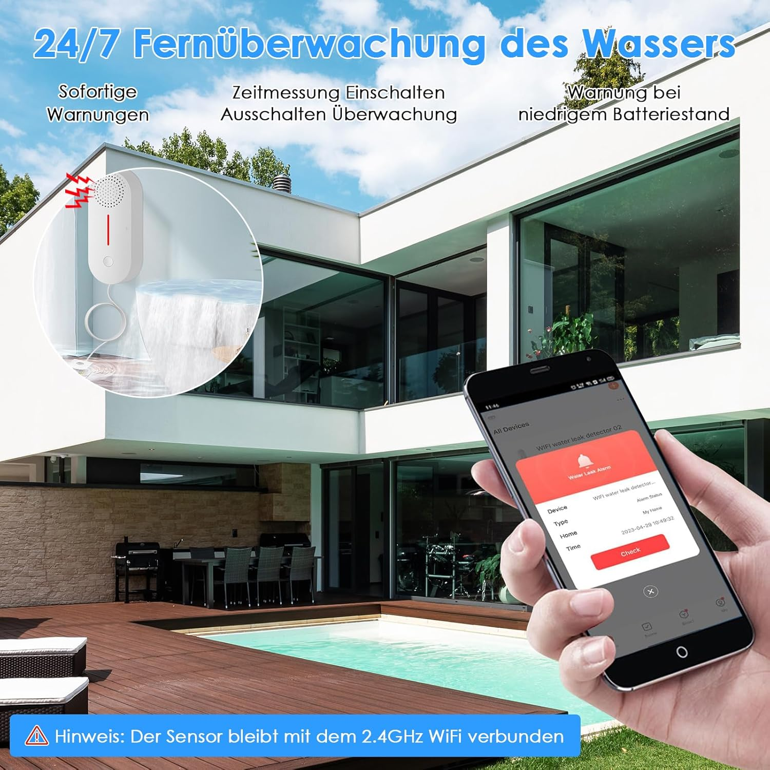Eine Hand hält ein Telefon mit einem Wasserleckalarm. Ein weißer Sensor mit roten Lichtern wird in der Nähe eines Glasfensters gezeigt. Pool im Hintergrund.