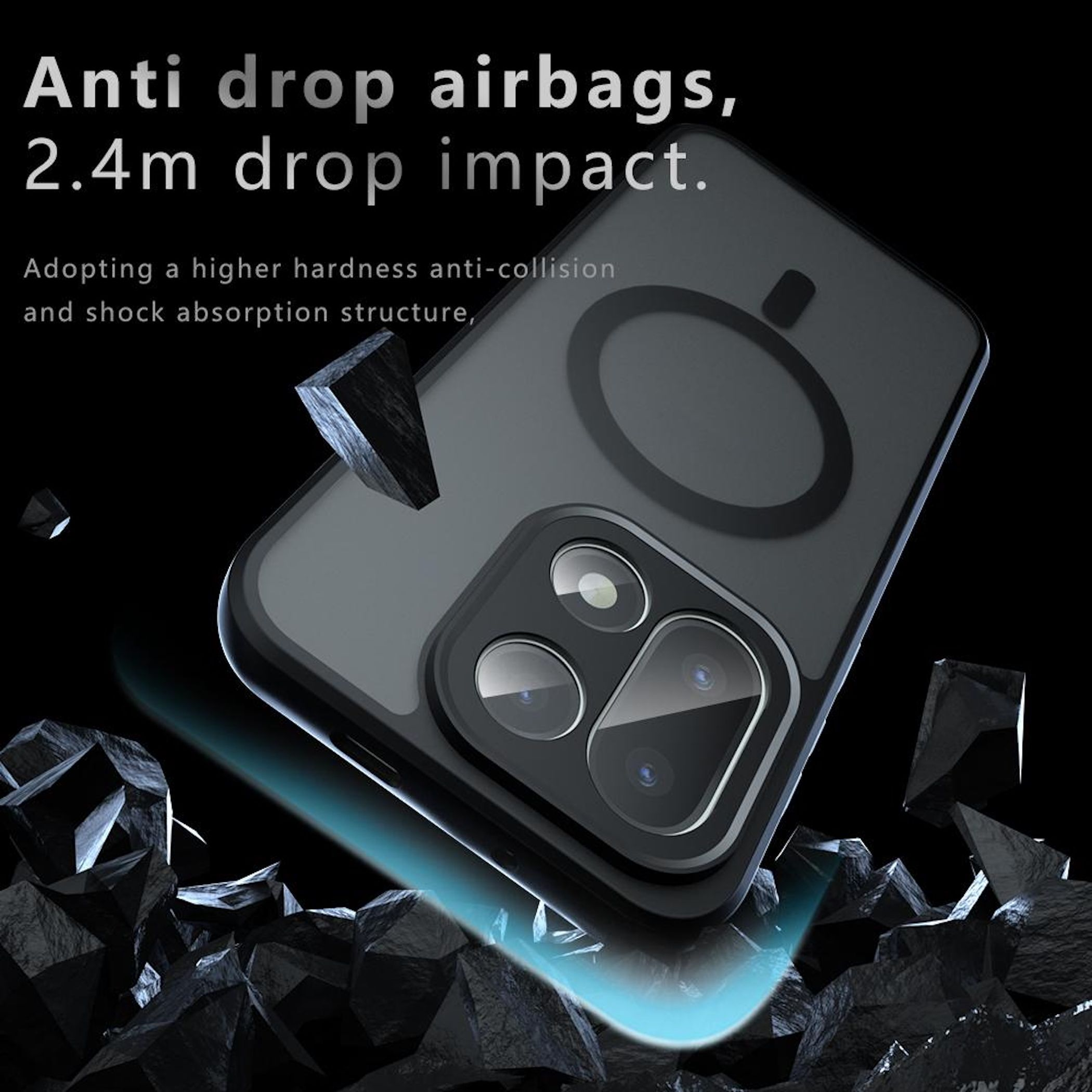 Eine Handyhülle mit dem Text 'Anti drop airbags'. Schwarzer Hintergrund mit fallenden schwarzen Objekten und blauem Licht.