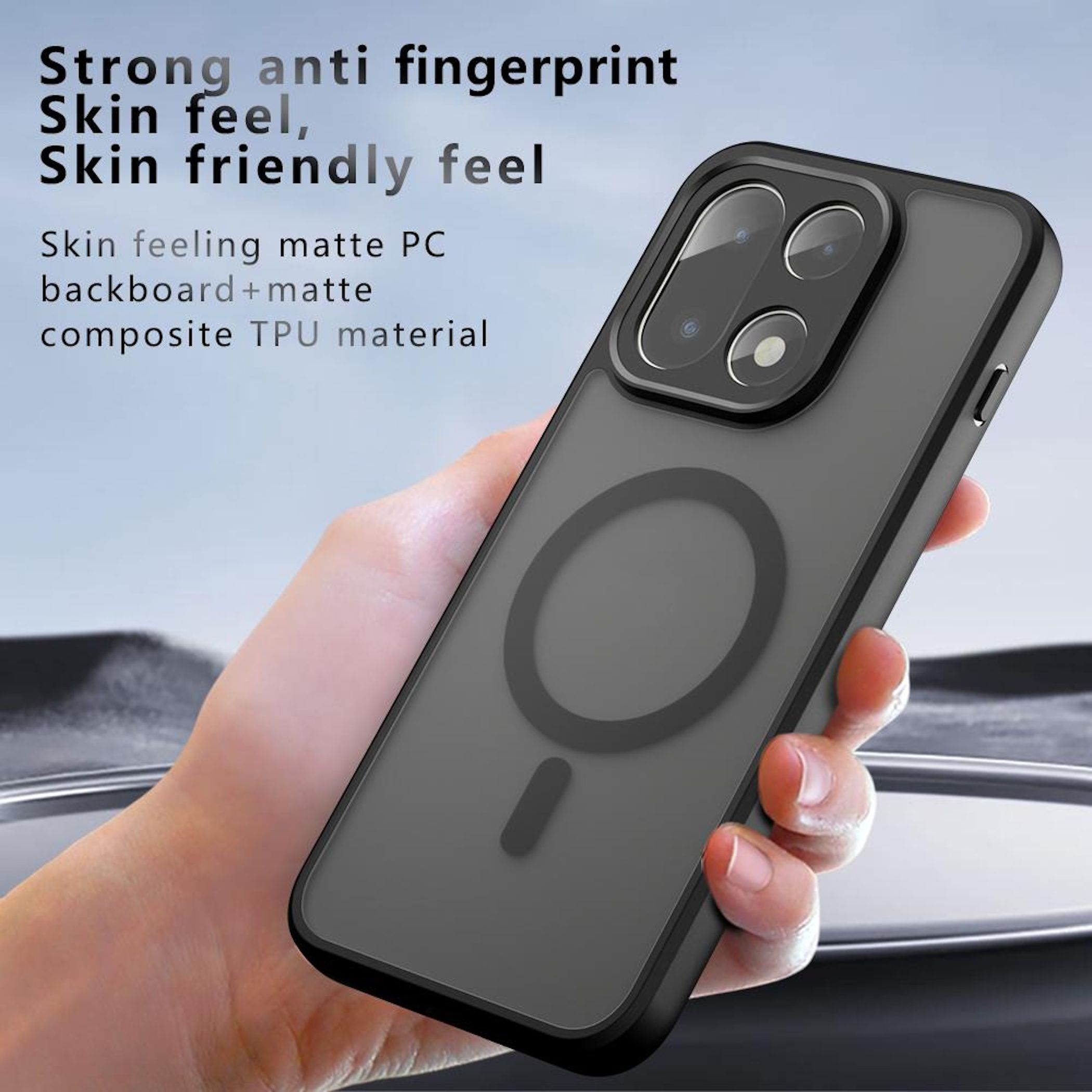 Eine Hand hält eine schwarze Handyhülle. Die Hülle hat einen Magnetring und eine matte Oberfläche. Text hebt Merkmale hervor.