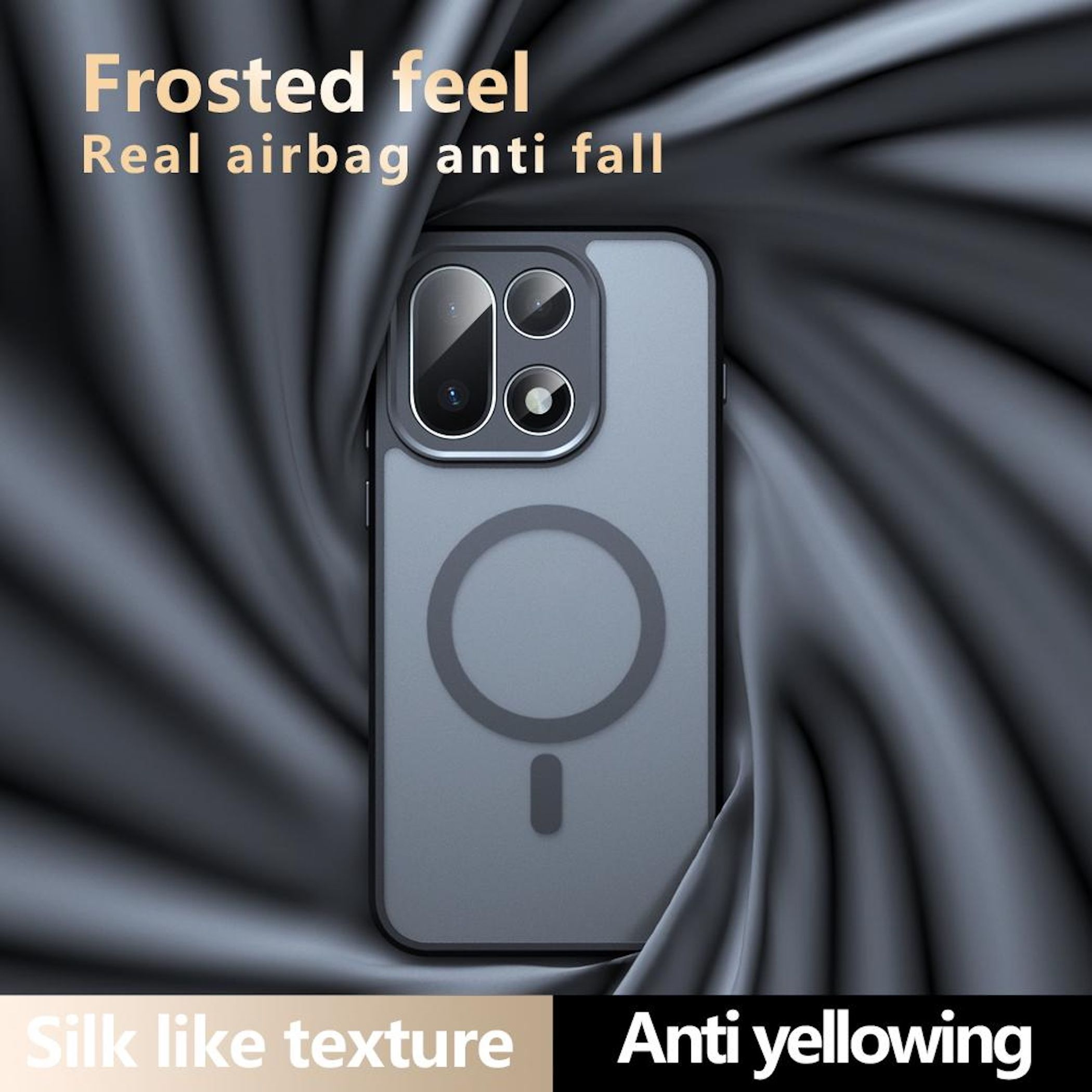 Eine Handyhülle ist auf einem dunklen Stoffhintergrund zentriert. Oben steht 'Frosted feel'. Unten steht 'Anti yellowing'.