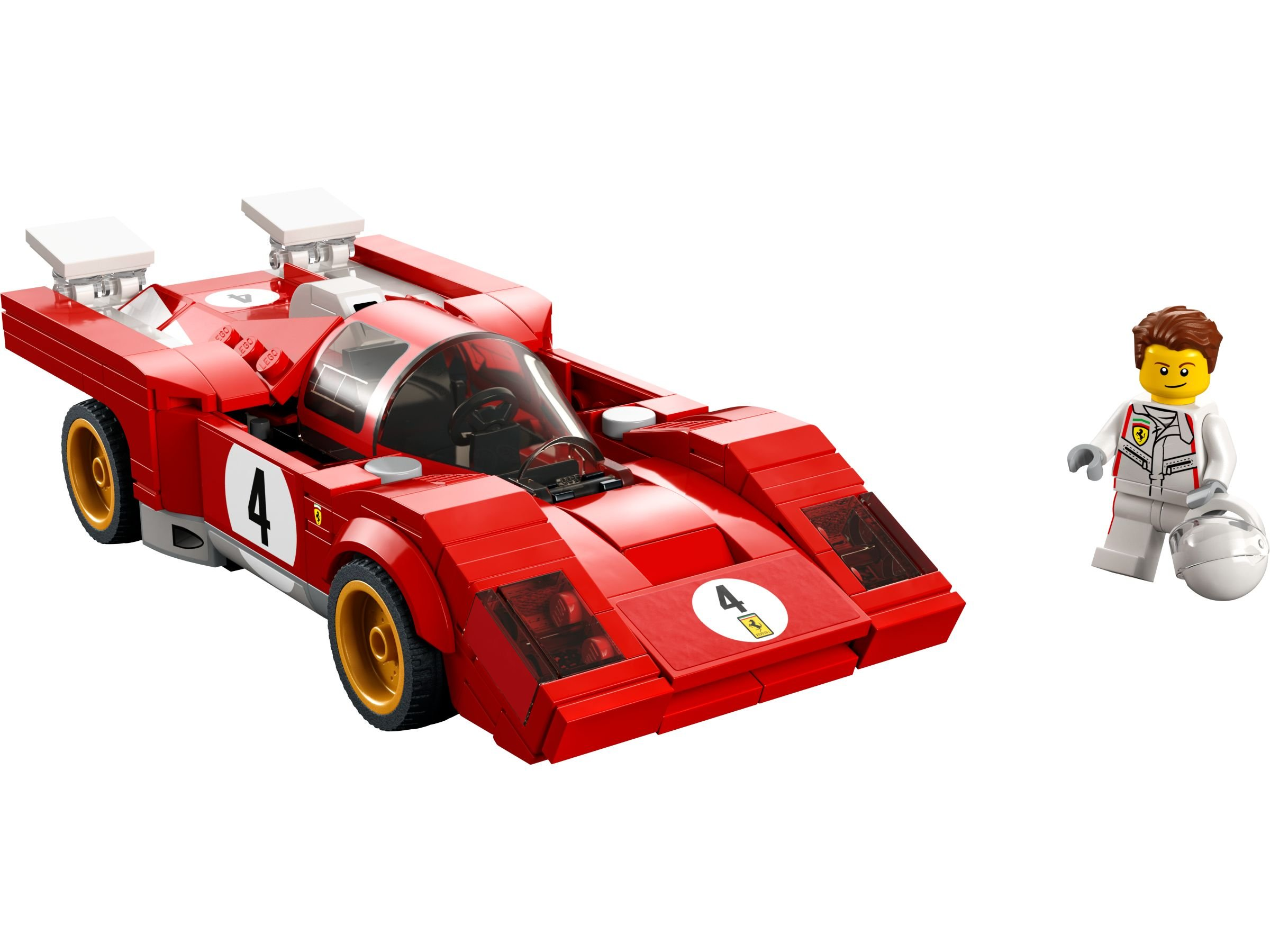Ein rotes Lego-Rennauto mit der Nummer 4 und ein Lego-Rennfahrer, auf weißem Hintergrund.