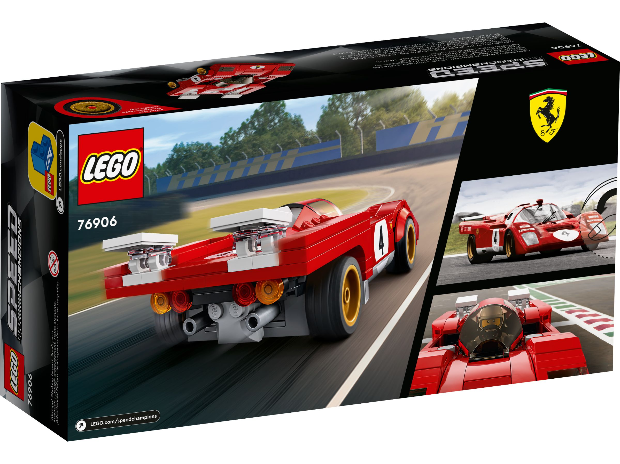 Eine LEGO Speed Champions Box zeigt einen roten Rennwagen. Die Box hat die LEGO- und Ferrari-Logos und die Nummer 76906.