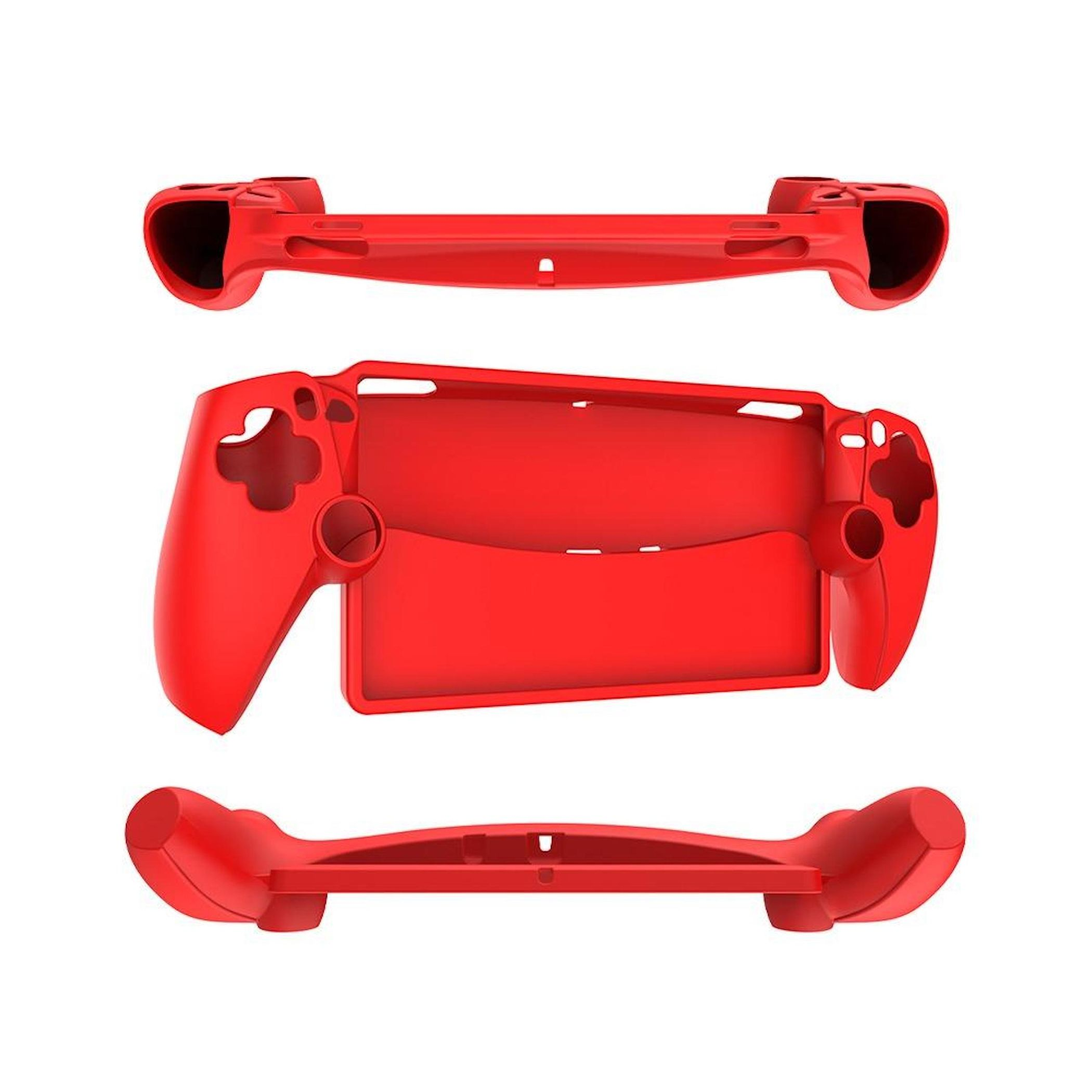 Funda roja para mando de juego, tres vistas. Arriba, centro, abajo. La vista central muestra el interior.