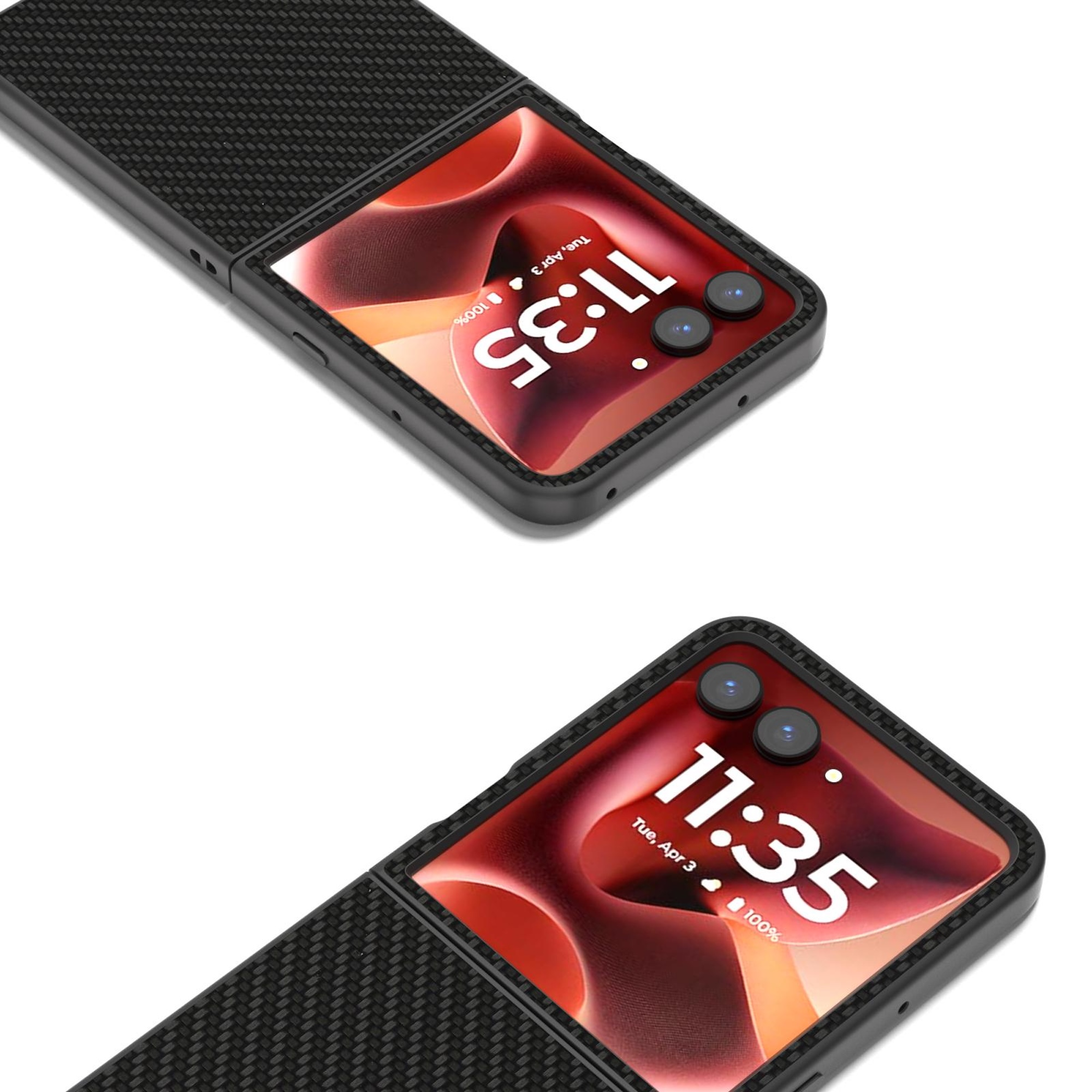 Zwei Smartphones mit schwarzer Karbonfaseroberfläche. Bildschirme zeigen Uhrzeit: 11:35 und Datum. Kameralinsen sind sichtbar.