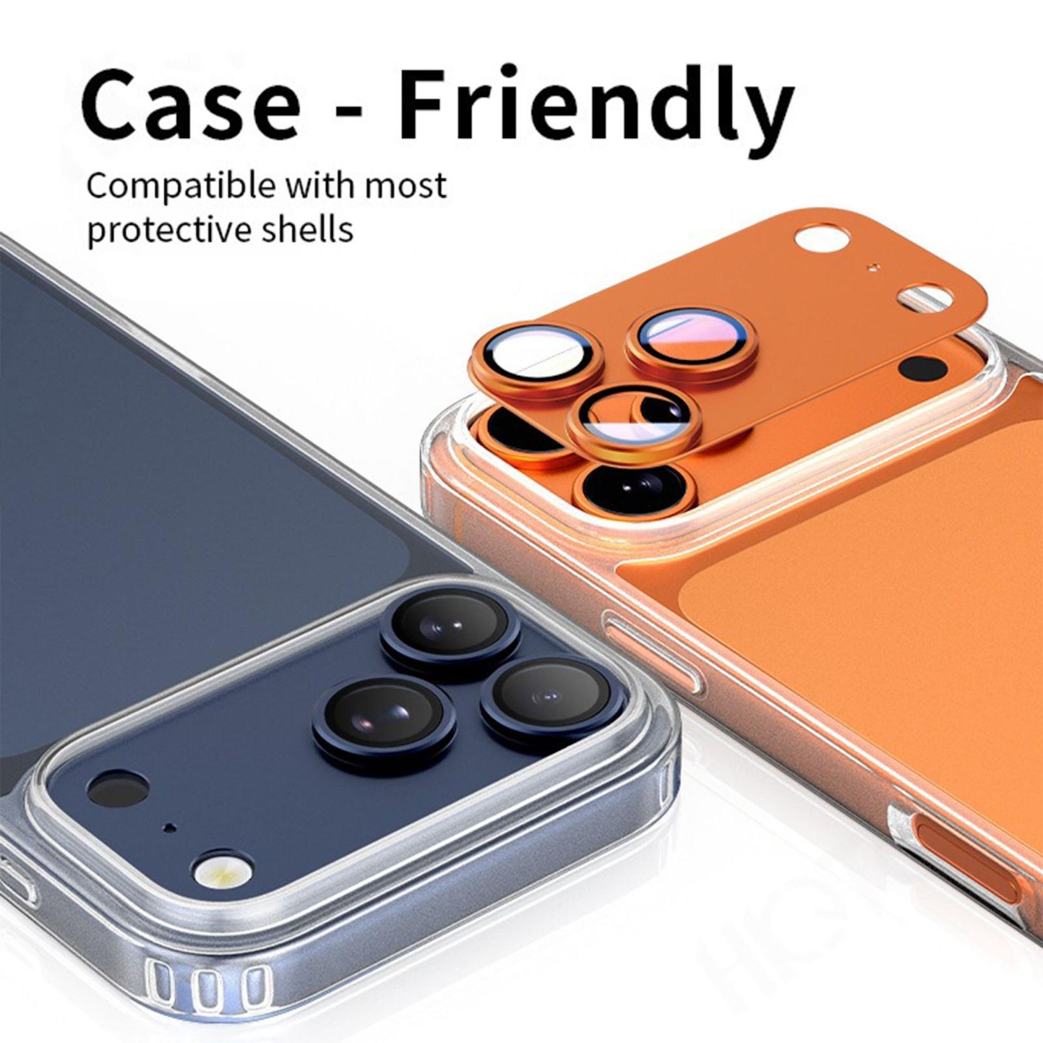 Custodie per telefono blu e arancioni. Compatibili con gusci protettivi. Testo: Case-Friendly.