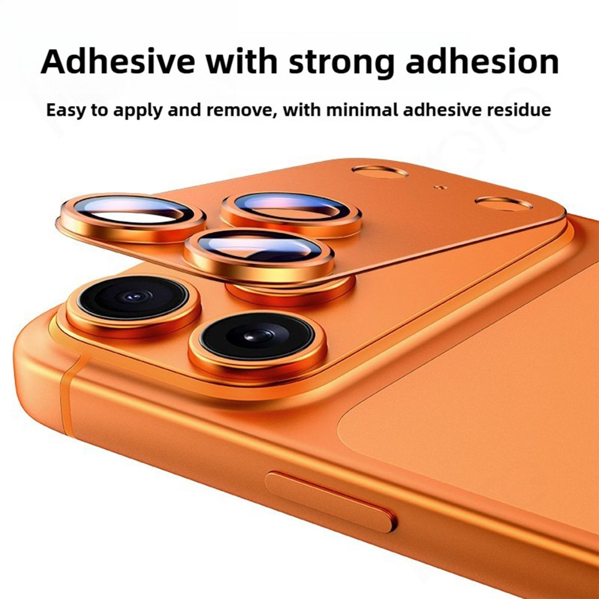 Un telefono arancione con protezioni per lo schermo. Testo: Adesivo con forte adesione. Facile da applicare e rimuovere.