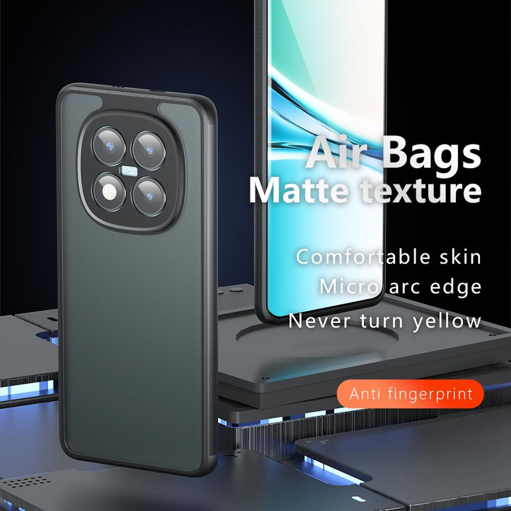 Eine Handyhülle mit Telefon wird gezeigt. Die Hülle ist schwarz mit Text: Air Bags, Matte texture, Anti fingerprint.