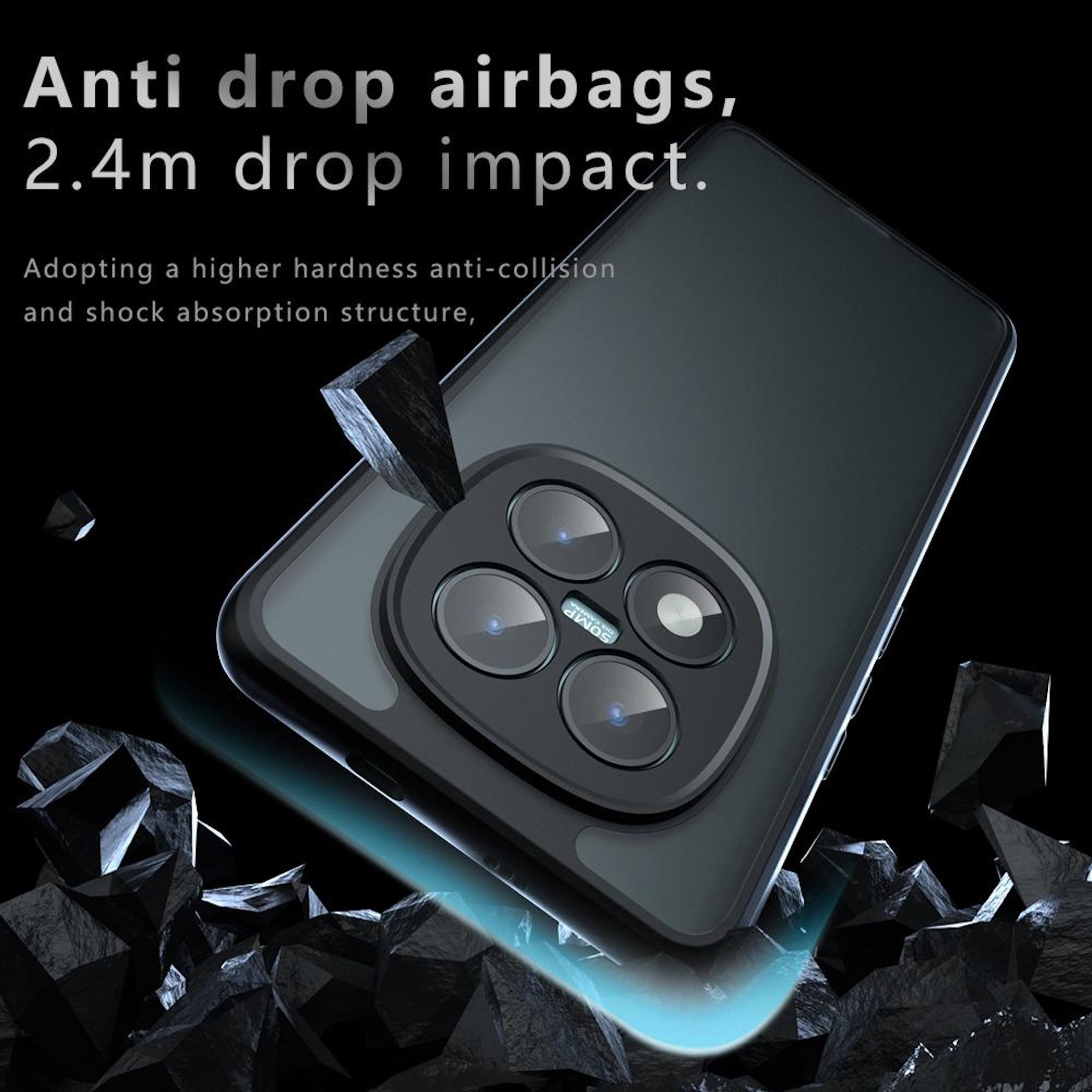 Ein Telefonrücken mit vier Kameralinsen ist von schwarzen Steinen umgeben. Der Text erwähnt Anti-Drop-Airbags und 2,4 m Fallschutz.