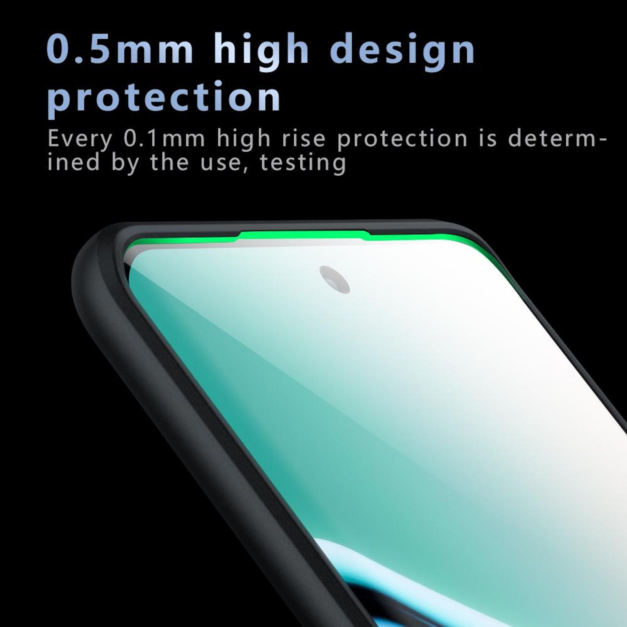 Telefonschirm mit schwarzem Rahmen. Text: 0,5 mm High-Design-Schutz. Jeder 0,1 mm hohe Schutz ist bestimmt.