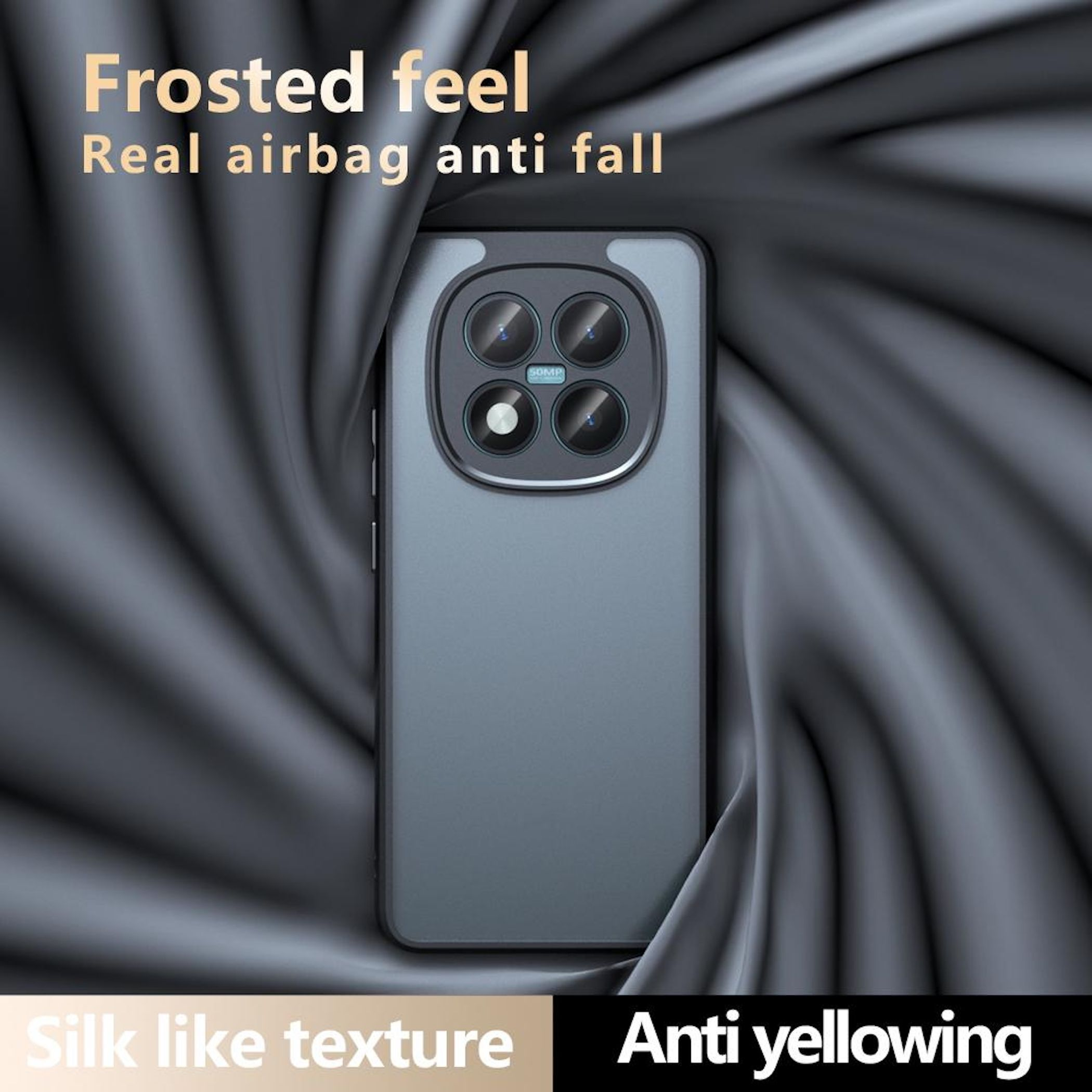 Handyhülle mit mehreren Kameralinsen, auf seidigem Hintergrund. Text erwähnt 'Frosted feel' und 'Anti-Vergilbung'.