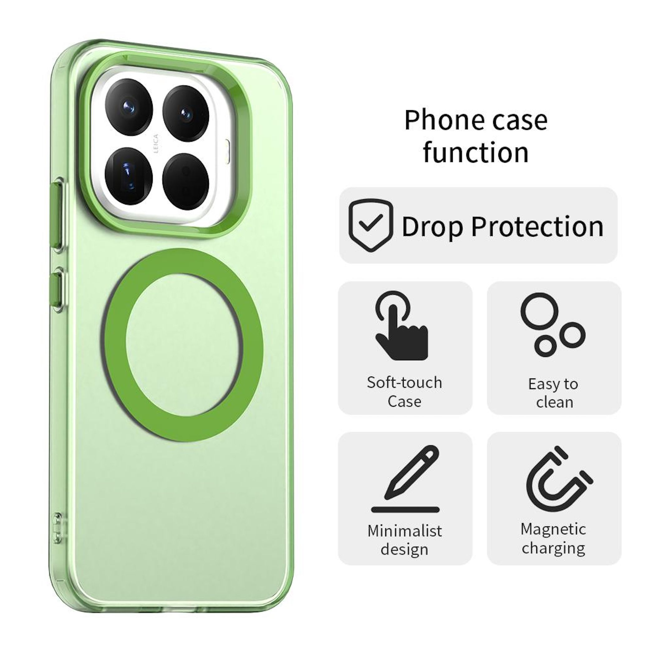 Grüne Handyhülle mit Funktionen wie Fallschutz, Soft-Touch, leicht zu reinigen, minimalistischem Design und magnetischem Laden.