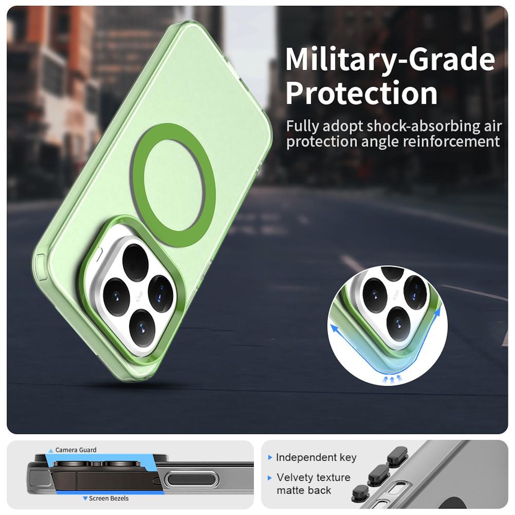 Eine grüne Handyhülle mit Kameraausschnitt wird gezeigt. Der Text lautet 'Military-Grade Protection'.