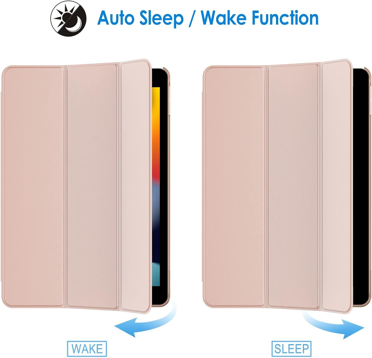 Zwei offene Tablethüllen mit Schlaf-/Weckfunktion. Eine zeigt 'Wake' mit einem Pfeil, die andere 'Sleep' mit einem Pfeil.