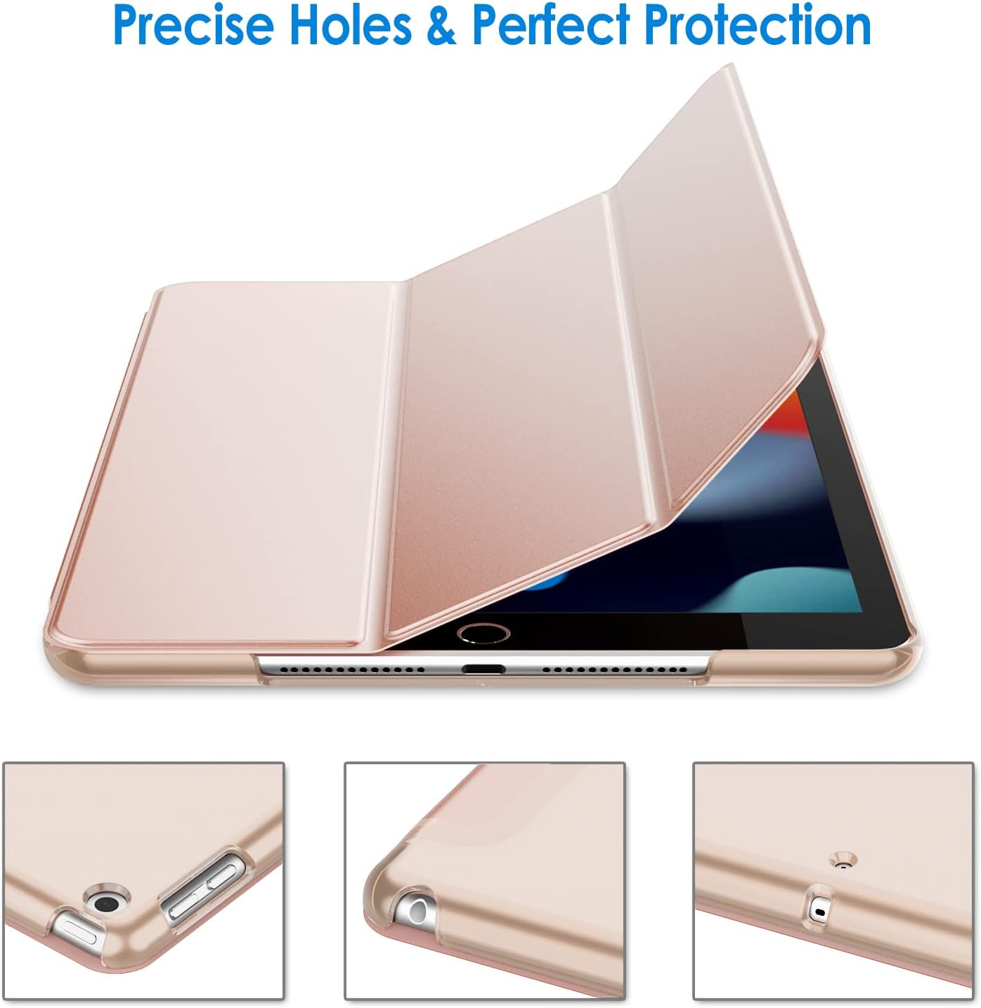 Eine roségoldene iPad-Hülle ist geöffnet und zeigt den Bildschirm. Präzise Löcher sind sichtbar. Der Titel lautet 'Präzise Löcher & Perfekter Schutz'.