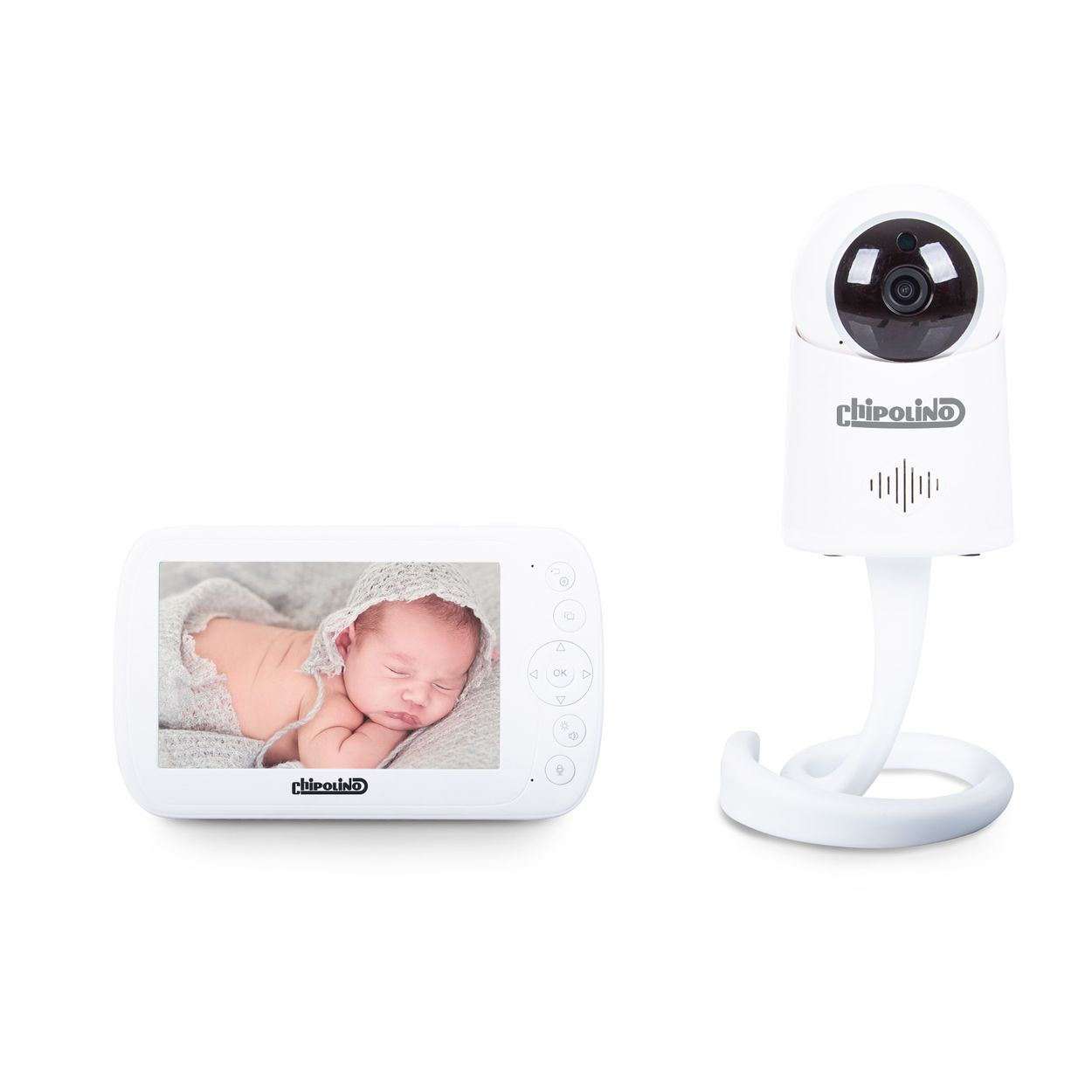 Babyphone mit schlafendem Baby auf dem Bildschirm, Kamera und Monitor. Beide Geräte sind weiß, mit dem Markennamen.