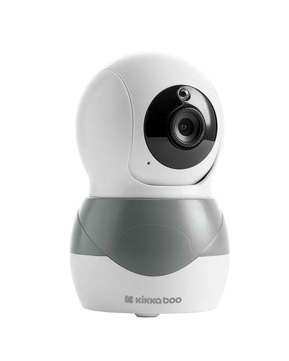 Un monitor para bebés Kikka Boo blanco y gris. Tiene una lente de cámara y está sobre un fondo blanco. Logotipo visible en la parte inferior.