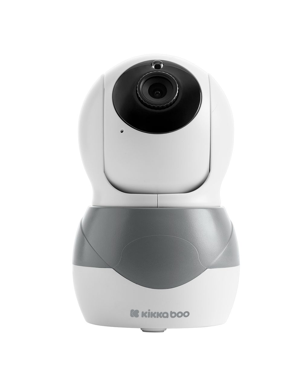 Una cámara de monitor para bebés blanca y gris. La lente de la cámara es negra. La marca 'kikka boo' está en la base.