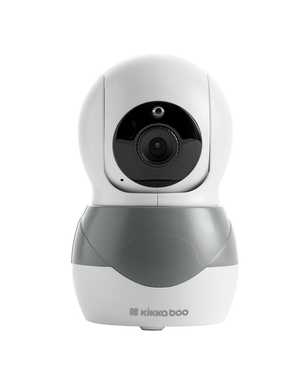 Un monitor para bebés Kikkaboo blanco y gris. Tiene una lente de cámara, un micrófono y una base con el logotipo de la marca.