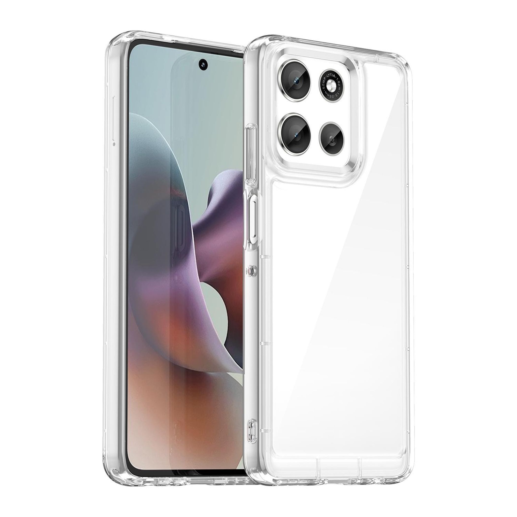 Eine transparente Handyhülle schützt ein Smartphone. Das Telefon hat links einen Bildschirm. Die Kamera ist rechts.