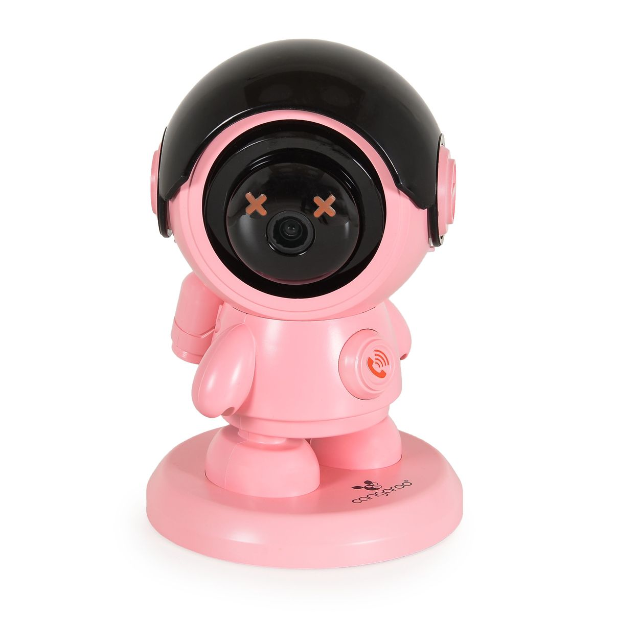Ein rosa roboterförmiger Babyphone mit schwarzem Kopf. Es hat eine Kamera mit kreuzförmigen Augen und einer runden Basis.