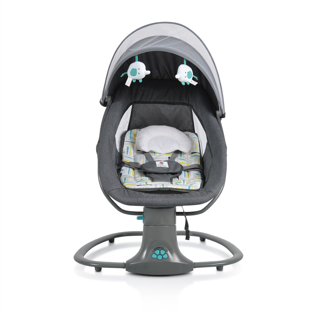 Eine graue Babyschaukel mit Baldachin. Sie hat einen gemusterten Sitz, eine weiße Kopfstütze und zwei hängende Elefanten-Spielzeuge.