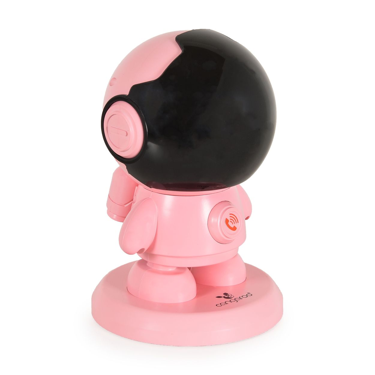 Ein rosa-schwarzes Roboter-Spielzeug mit rundem Sockel. Es hat einen schwarzen Kopf und einen Knopf mit einem Telefon-Symbol.