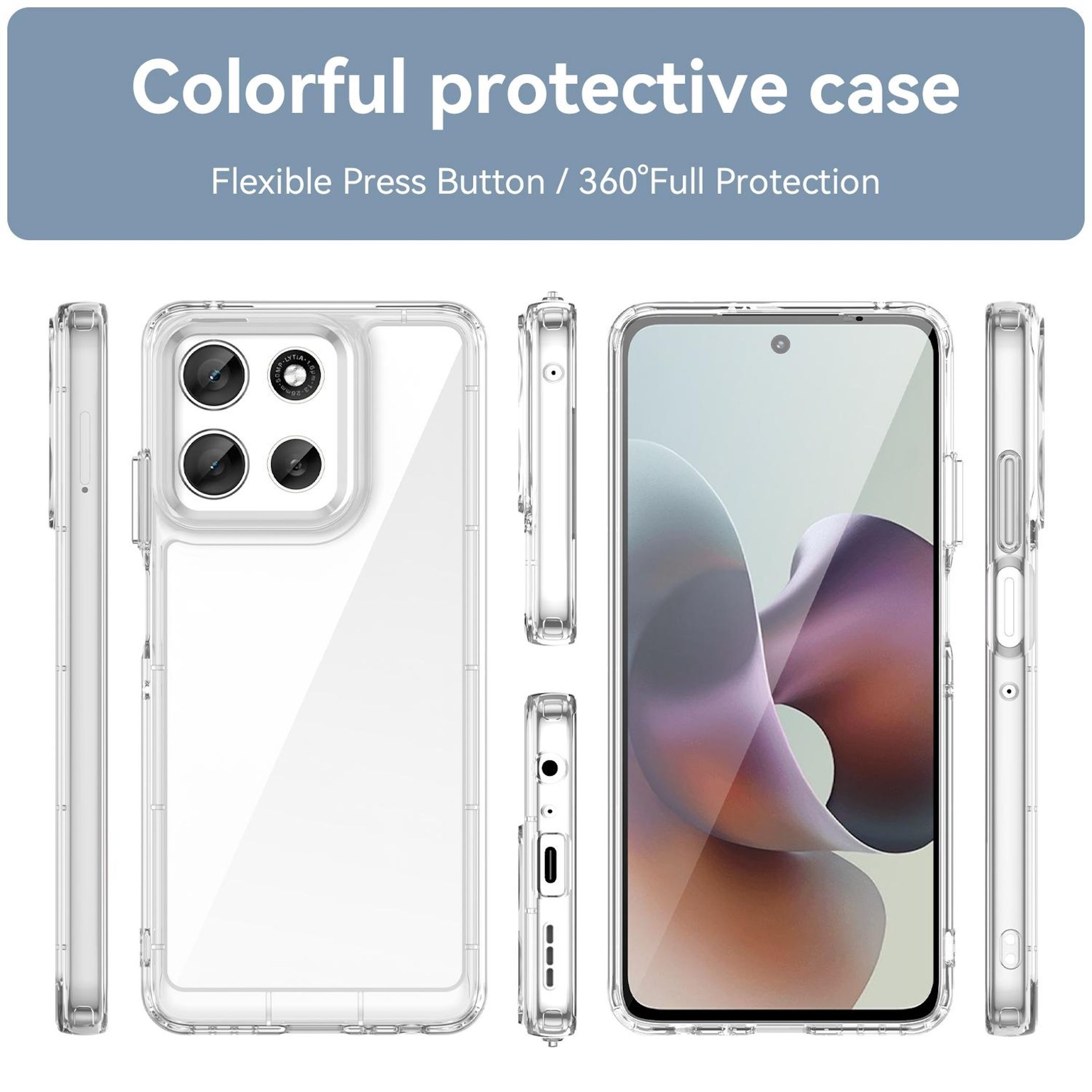 Eine transparente Handyhülle mit dem Telefon darin, plus Seiten- und Draufsichten der Hülle. Text: 'Colorful protective case'.