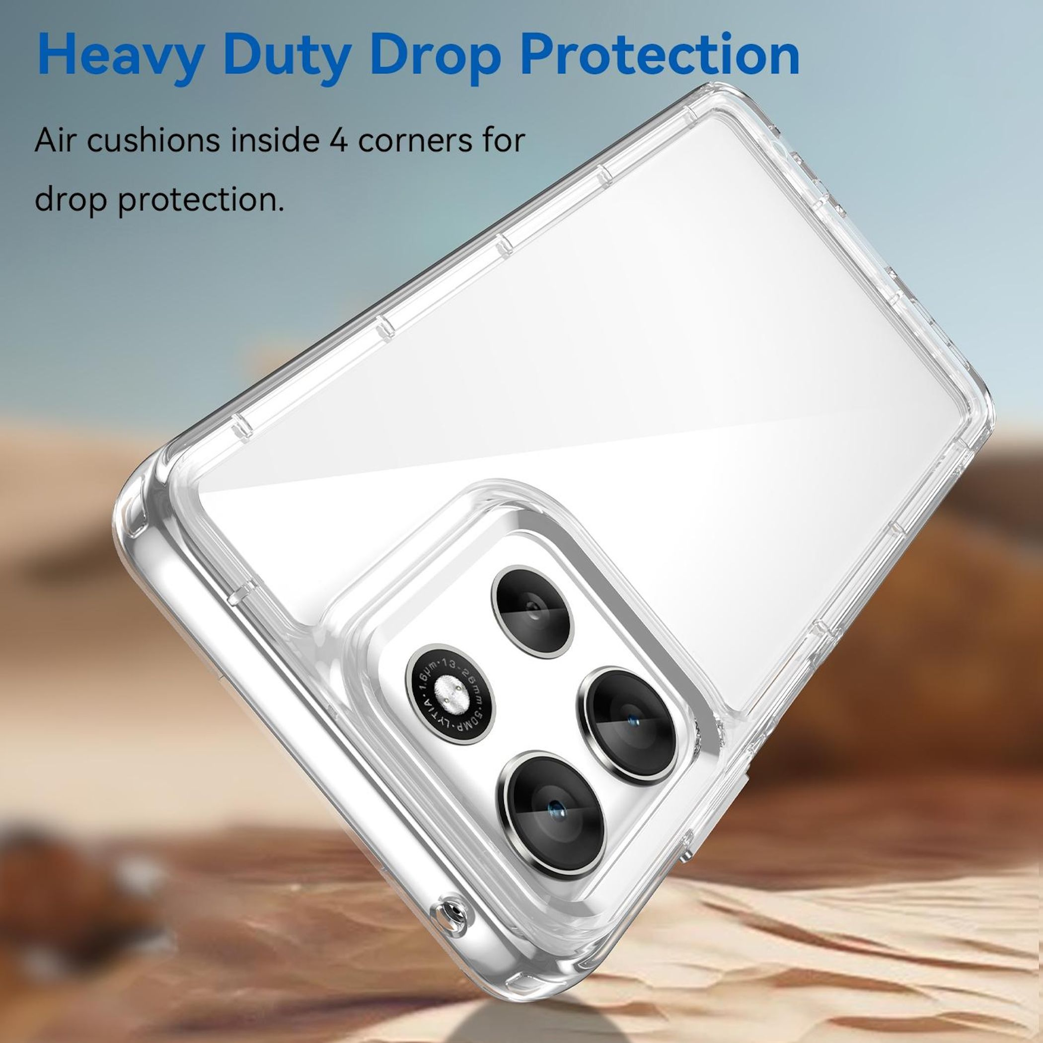 Transparente Handyhülle mit drei Kameralinsen. Text: 'Heavy Duty Drop Protection'.