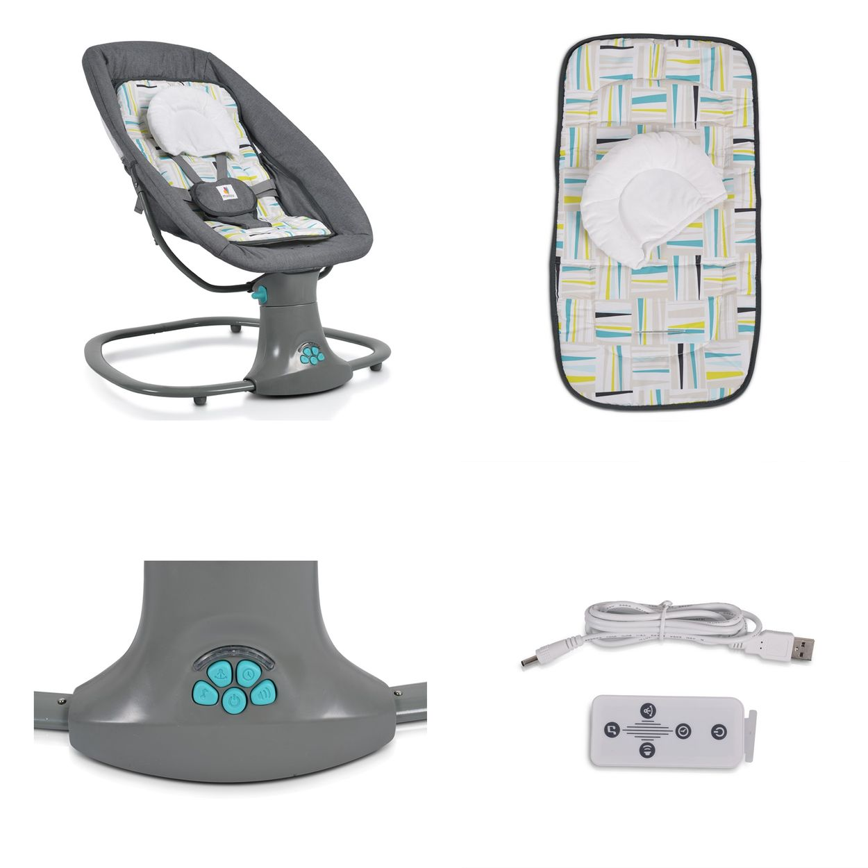 Ein Babyschaukel, Wickelauflage, Sockel mit Knöpfen, ein USB-Kabel und eine Fernbedienung sind auf weißem Hintergrund abgebildet.