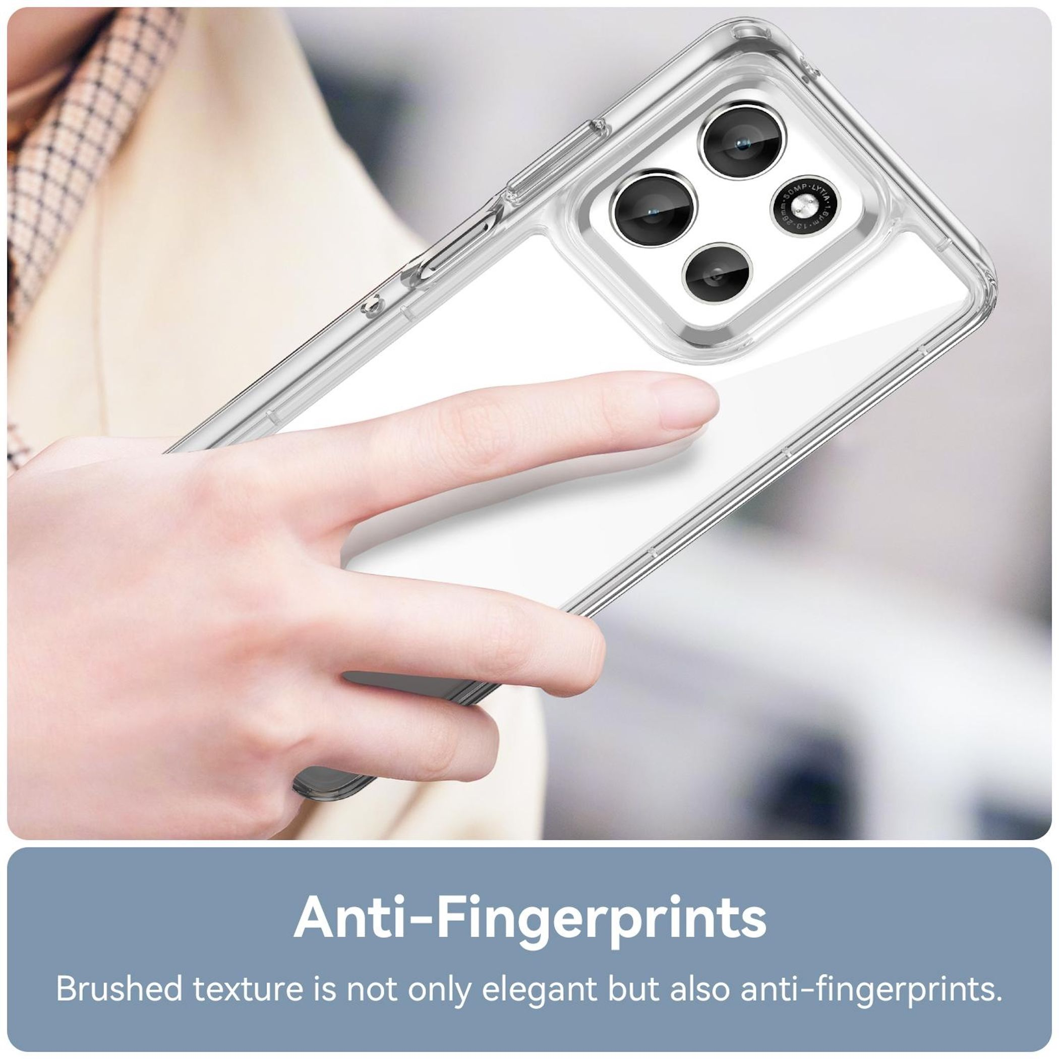 Eine klare Handyhülle wird in einer Hand gehalten. Die Hülle hat mehrere Kameraausschnitte. Der Text lautet Anti-Fingerabdrücke.