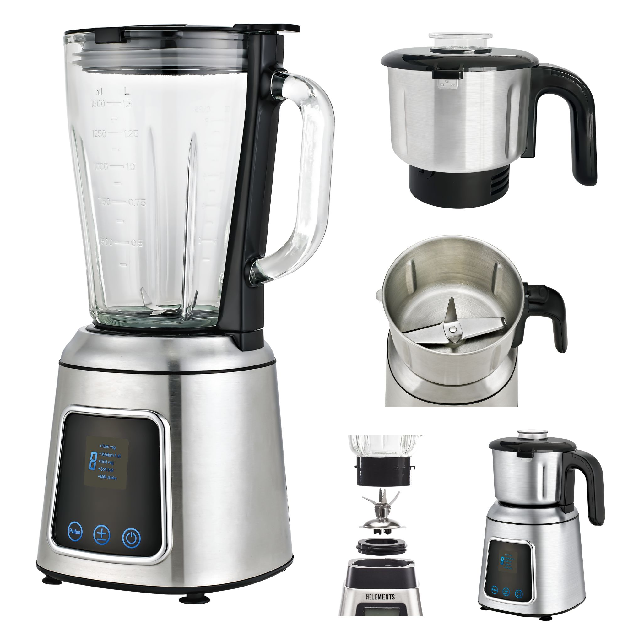 Ein Mixer mit Glaskanne und Edelstahlbasis, mit mehreren Aufsätzen und digitaler Anzeige.