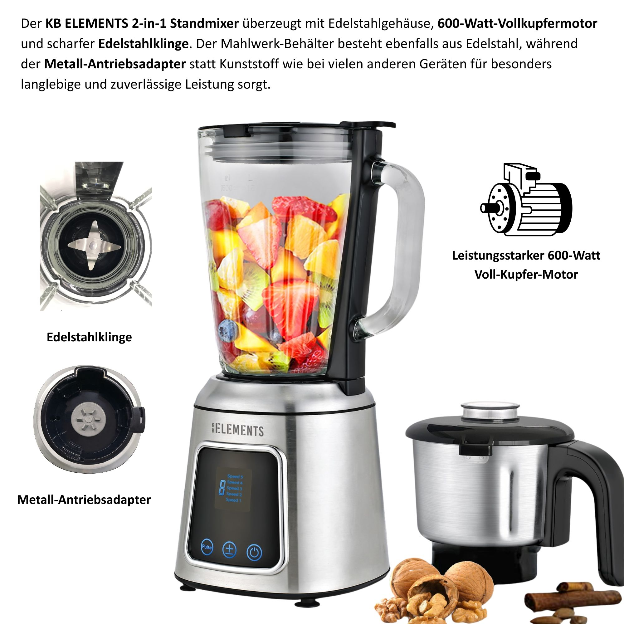 Ein Standmixer mit Obst, Klingen und Motor. Er hat ein Edelstahl-Design mit verschiedenen Aufsätzen.