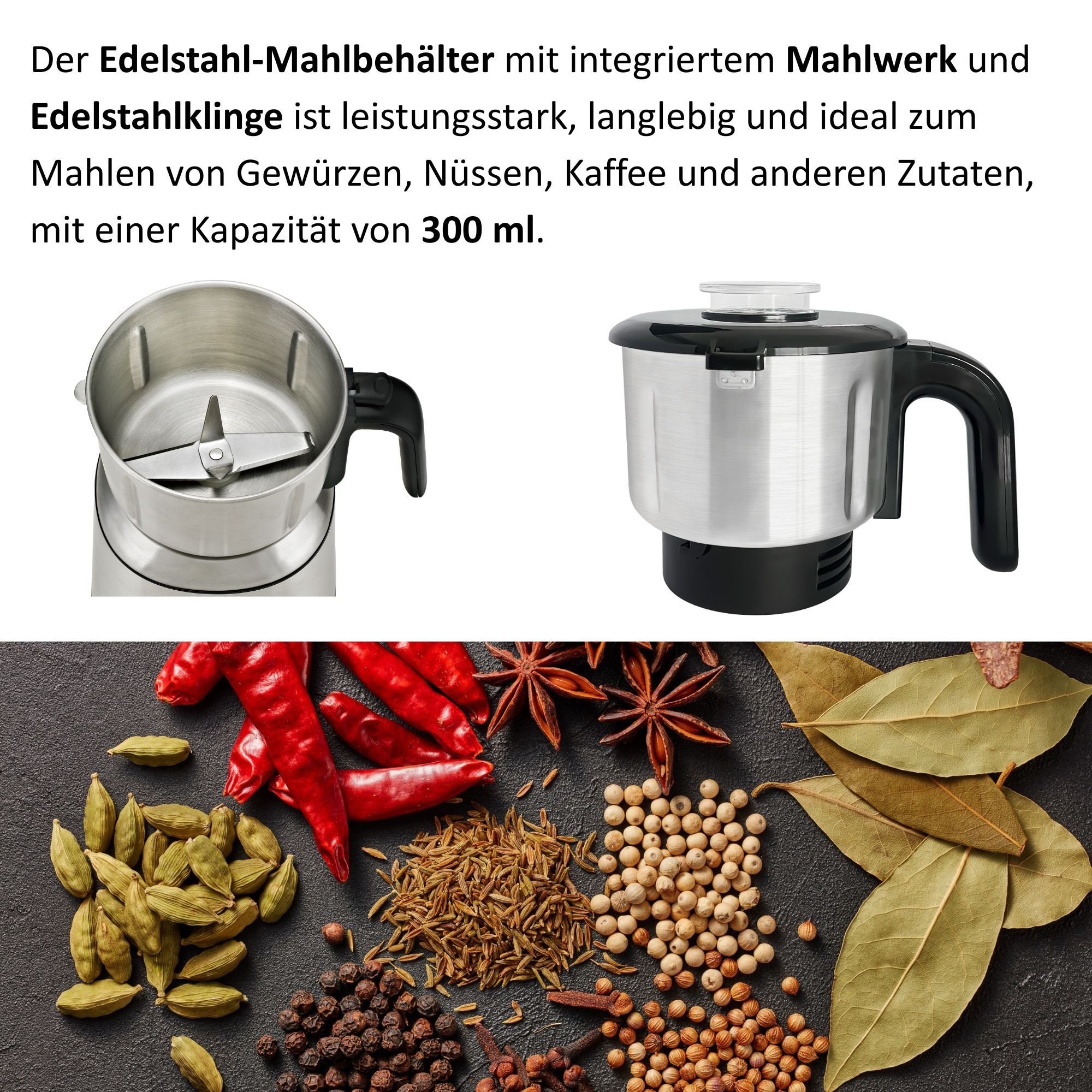 Edelstahl-Mahlwerk mit Gewürzen, Chilischoten und Lorbeerblättern auf dunkler Oberfläche.