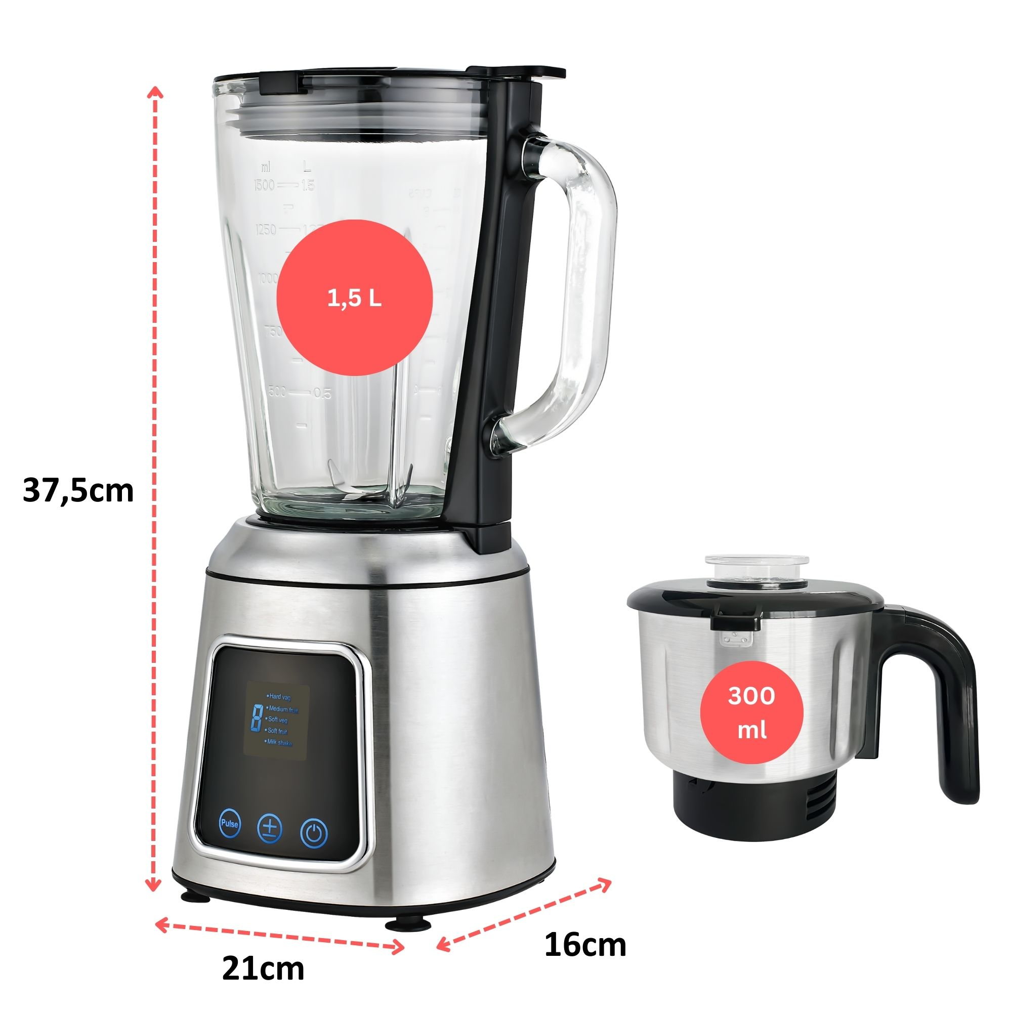 Ein Mixer mit Glaskanne und separatem Behälter, beide mit Fassungsmarkierungen. Maße sind ebenfalls angegeben.