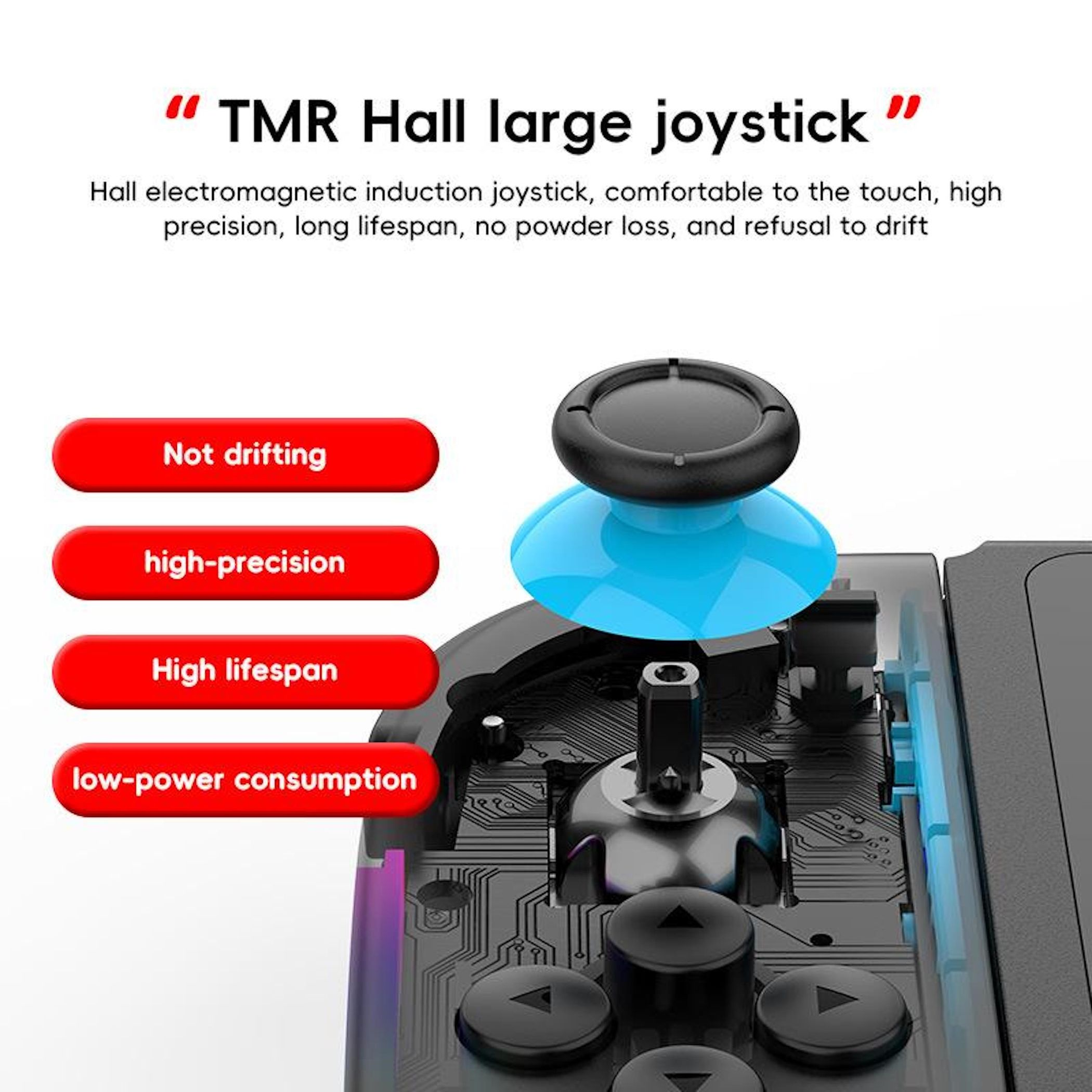 Das Bild zeigt einen Joystick. Er hat schwarze und blaue Teile sowie rote Etiketten mit Text.