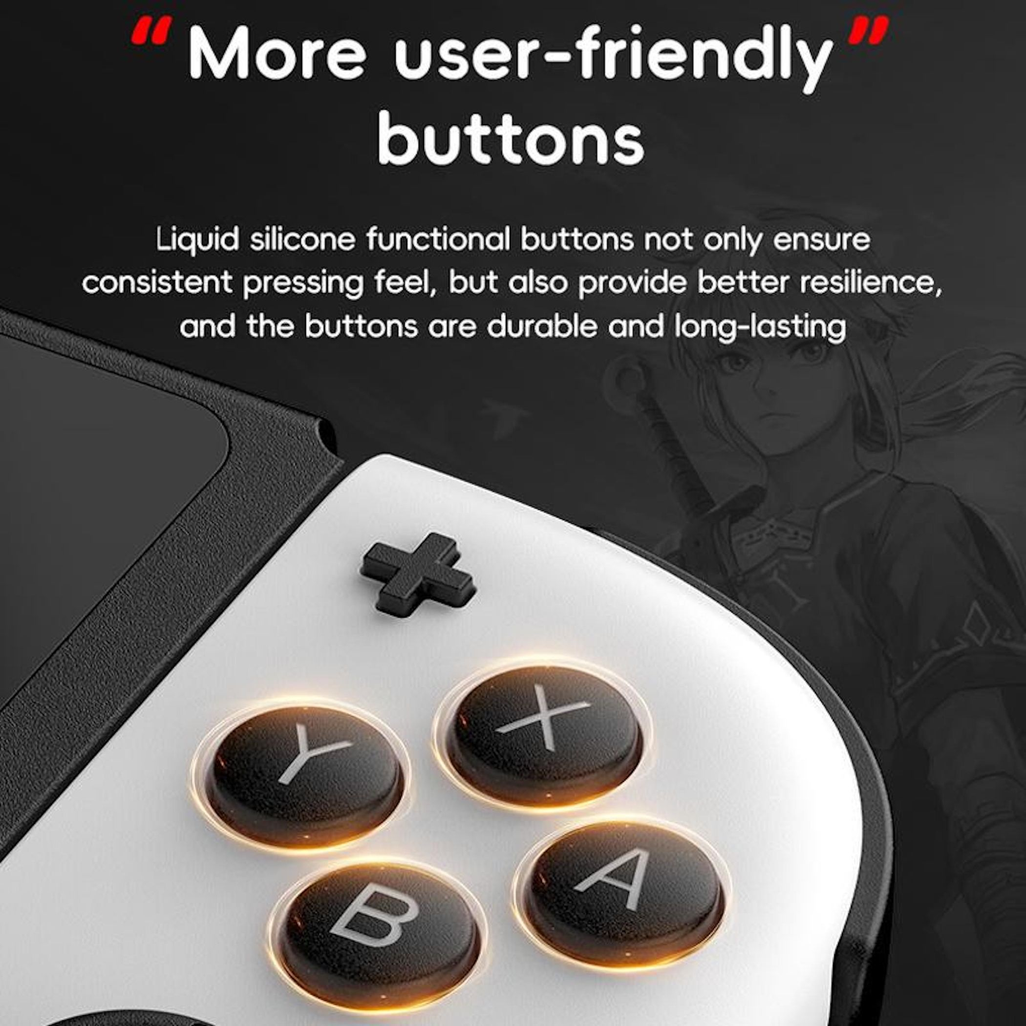 Nahaufnahme eines Gamecontrollers mit weißen Knöpfen, schwarzen Akzenten und Text. Die Knöpfe sind beschriftet: Y, X, B, A.