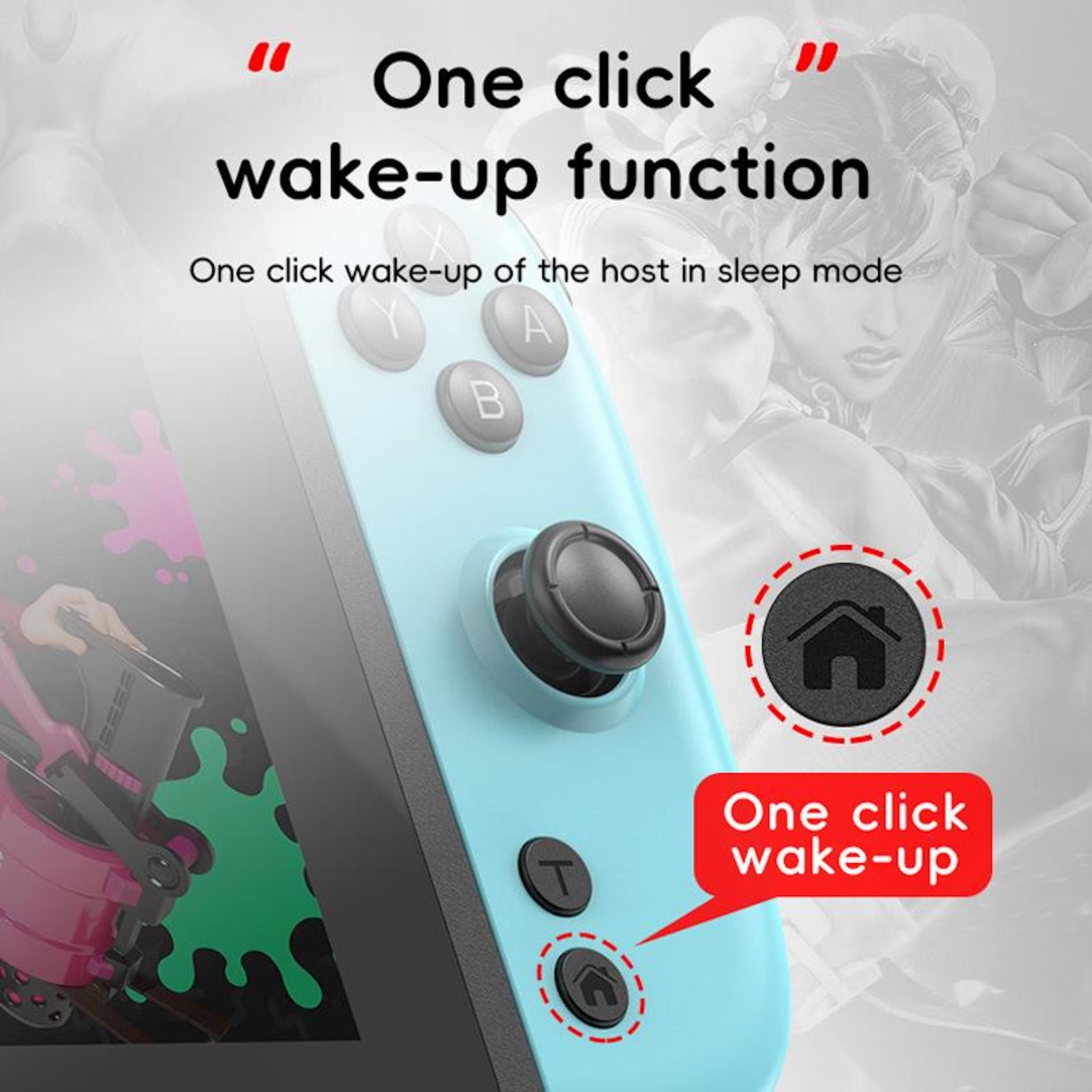 Ein blauer Gamecontroller mit einem schwarzen Joystick und Tasten. Der Text lautet 'One-Click-Wake-up-Funktion'.