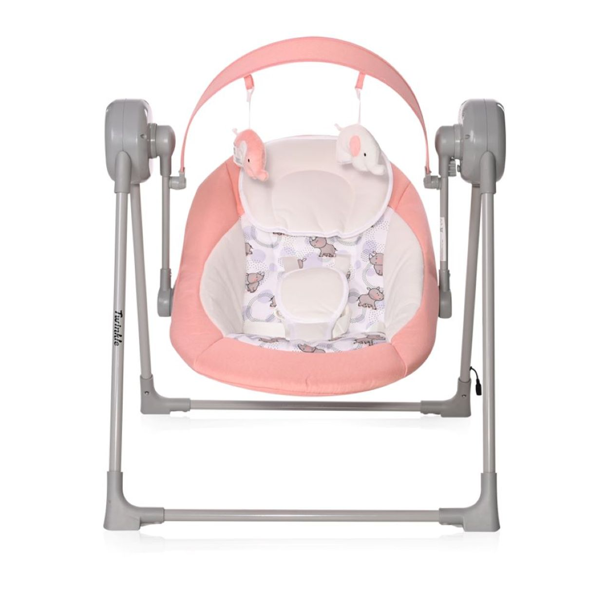 Eine Babywippe mit rosa Baldachin und Sitz. Sie hat graue Stützen und zwei Elefanten-Spielzeuge, die am Baldachin hängen.